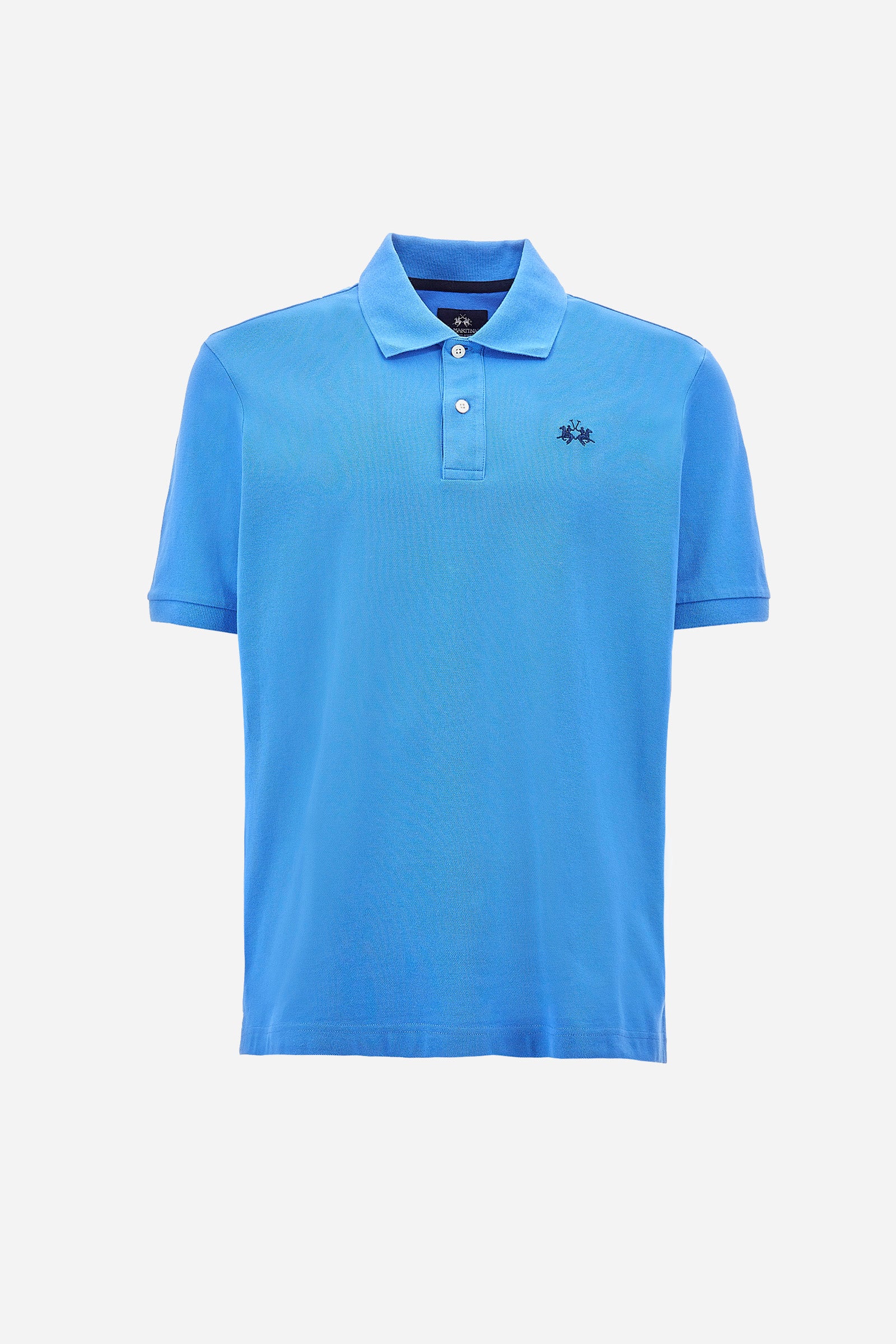 Men's plain-coloured, short-sleeved, regular-fit cotton polo shirt. Contrasting La Martina logo sewn onto the chest. This versatile garment goes perfectly with a pair of jeans from the collection. - Azure Blue