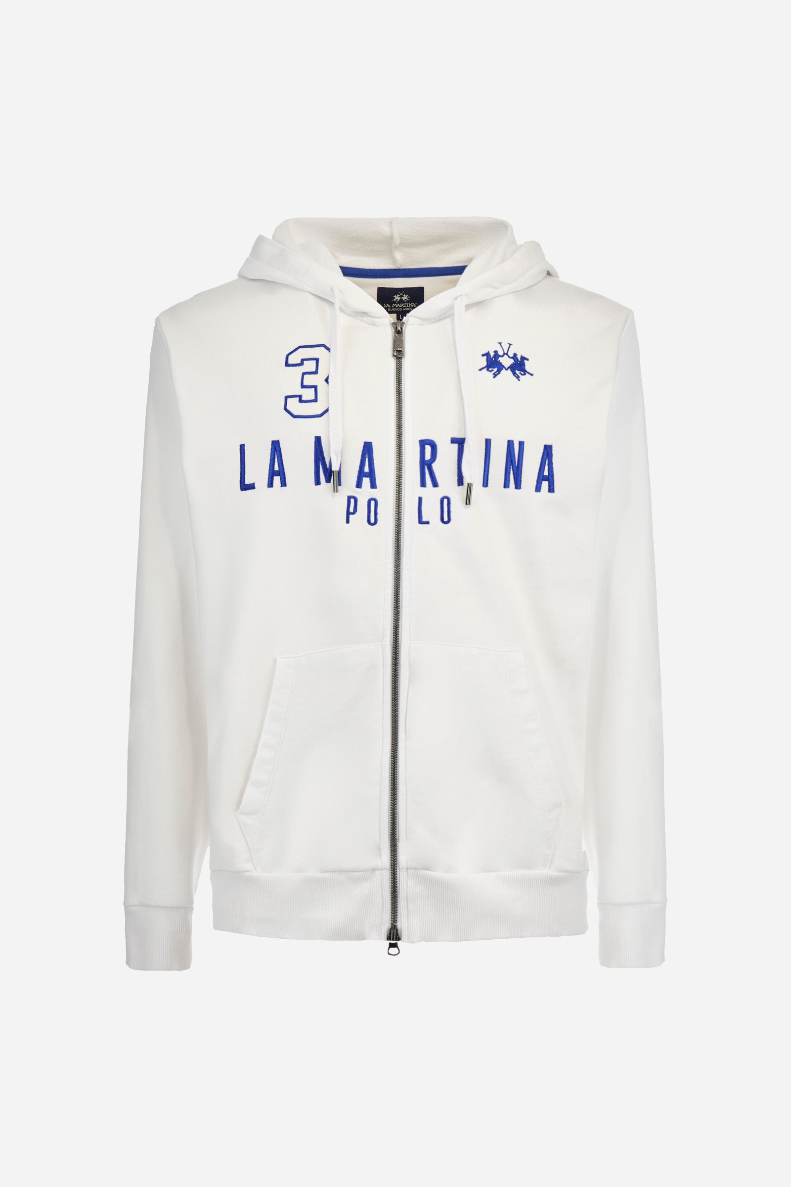Men's long-sleeved plain sweatshirt made from French terry cotton. Full-zip fastening and hood with adjustable drawstring. On the chest, the La Martina Polo lettering is present as a large, slightly embossed embroidery, while the number 3 is present as a patch made of the same fabric and applied with an embroidered cord in a contrasting colour. The logo is embroidered on the chest, left side. Regular fit. The model is wearing a size L. - OptWhite/Surf TheWeb