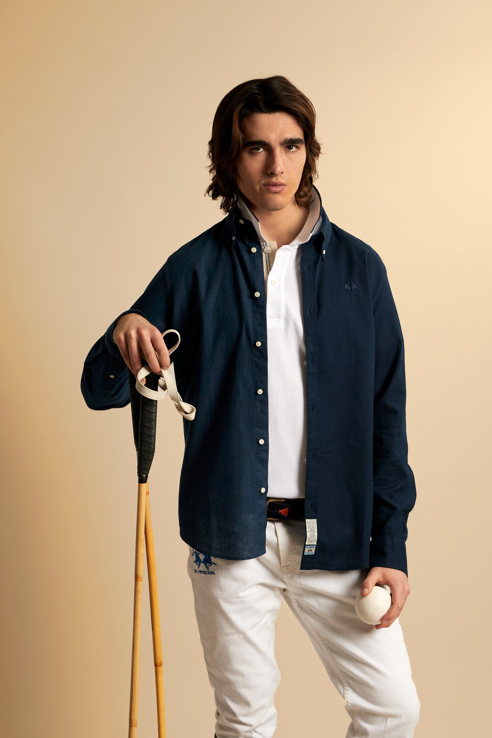 Men’s regular fit cotton and linen shirt with small logo - Rodolfo