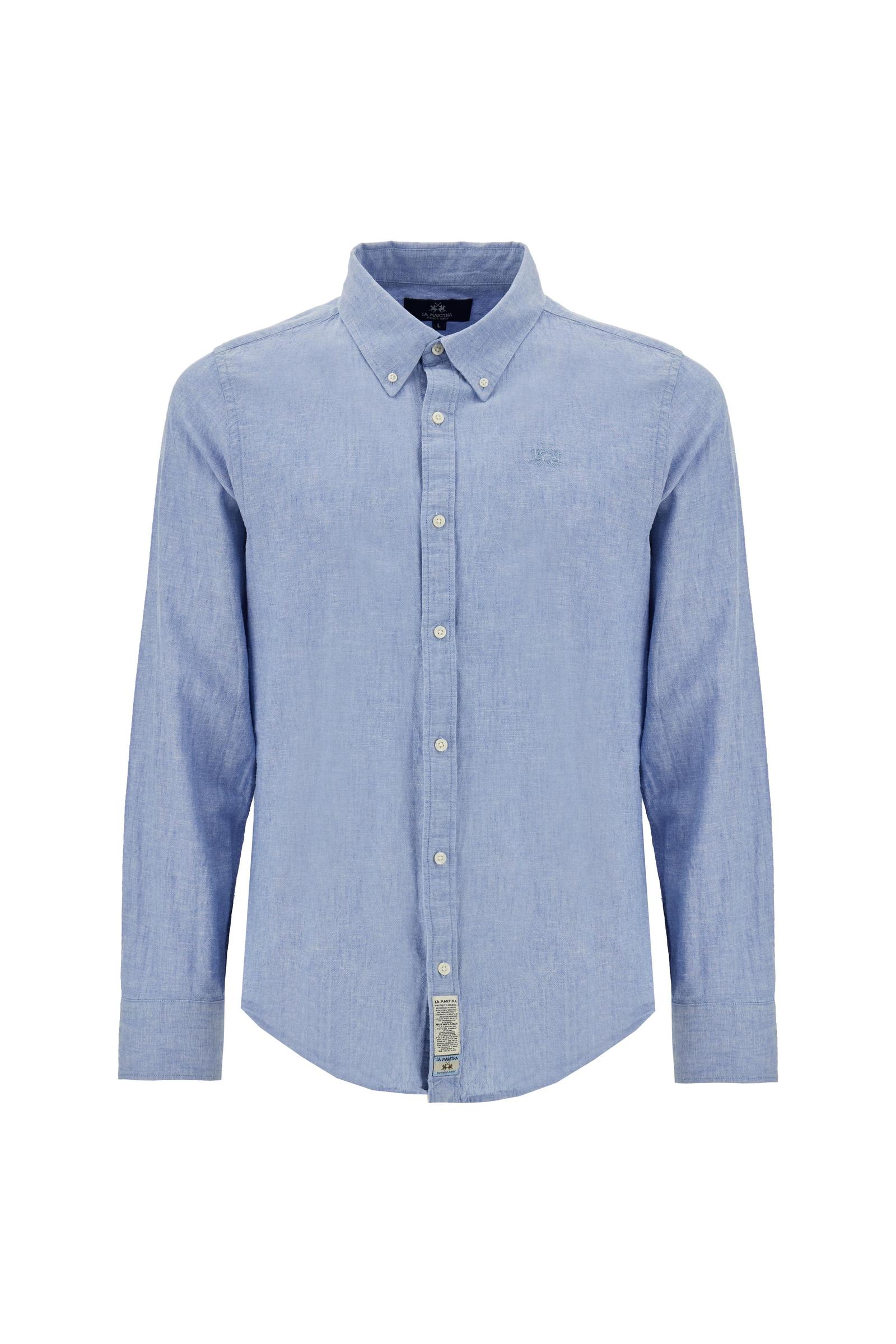 Men’s cotton and linen shirt with regular fit and French collar. Tone-on-tone embroidered logo and visible button placket. - Cornflower blue