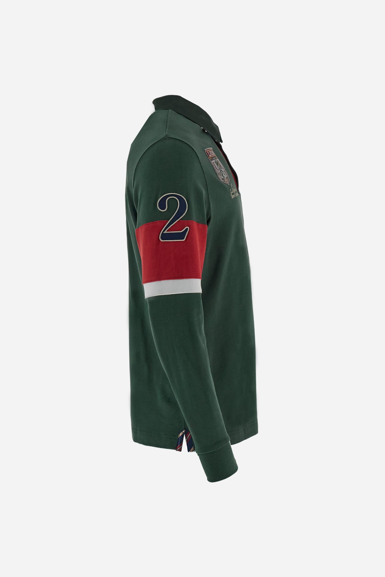 Long-sleeve polo shirt in 100% cotton jersey, soft and warm to the touch. Gabardine collar in tone with a contrast placket for a modern look. The English flag is printed under the raised right collar tip. Contrasting fabric bands and a patch with number 2 decorate the right sleeve, evoking polo player uniforms. Multicolor graphics dedicated to the English team and past special events enrich the design, with a large team logo embroidered in two-tone on the chest. Regular fit. Model wears size L. - Sycamore