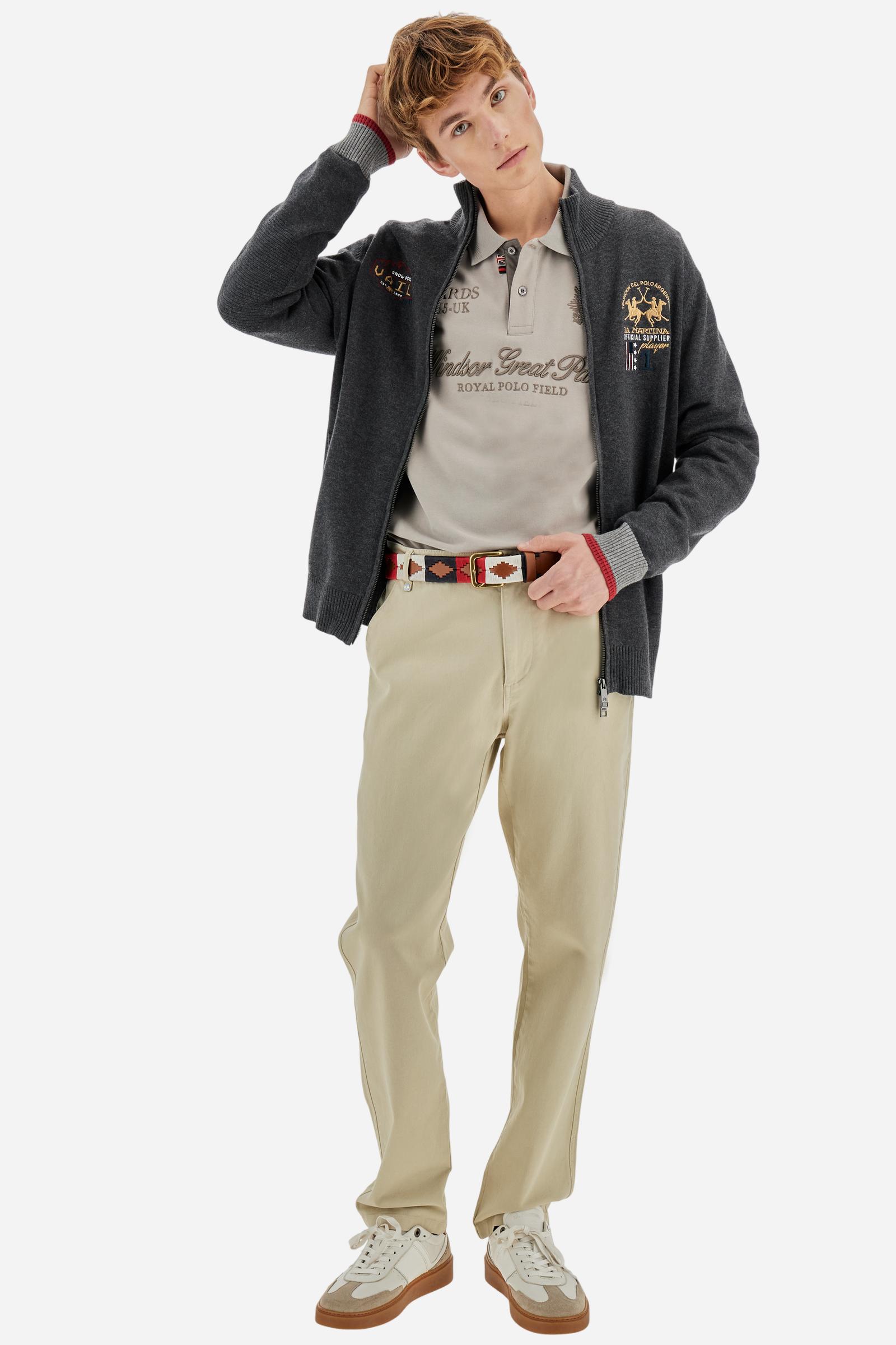 Men’s long-sleeve polo in warm cotton jersey, with contrast collar and Guards graphics. - Moon Rock