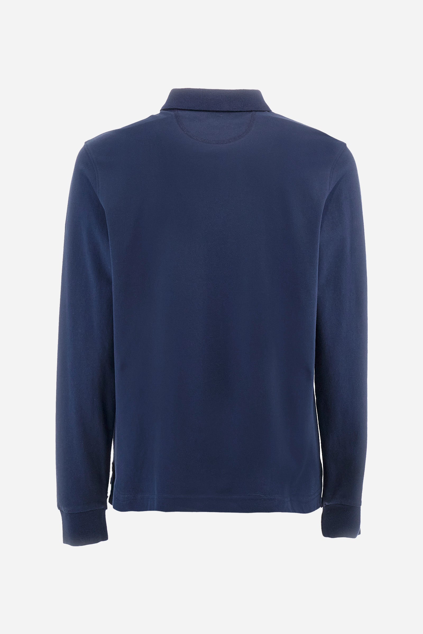 Men's long-sleeved Guards polo shirt in plain stretch cotton. Two-button fastening. Embellished with tone-on-tone embroidery on the sleeves. The logo and symbol of the line appear on the front. Regular fit. The model is wearing a size L. - Navy