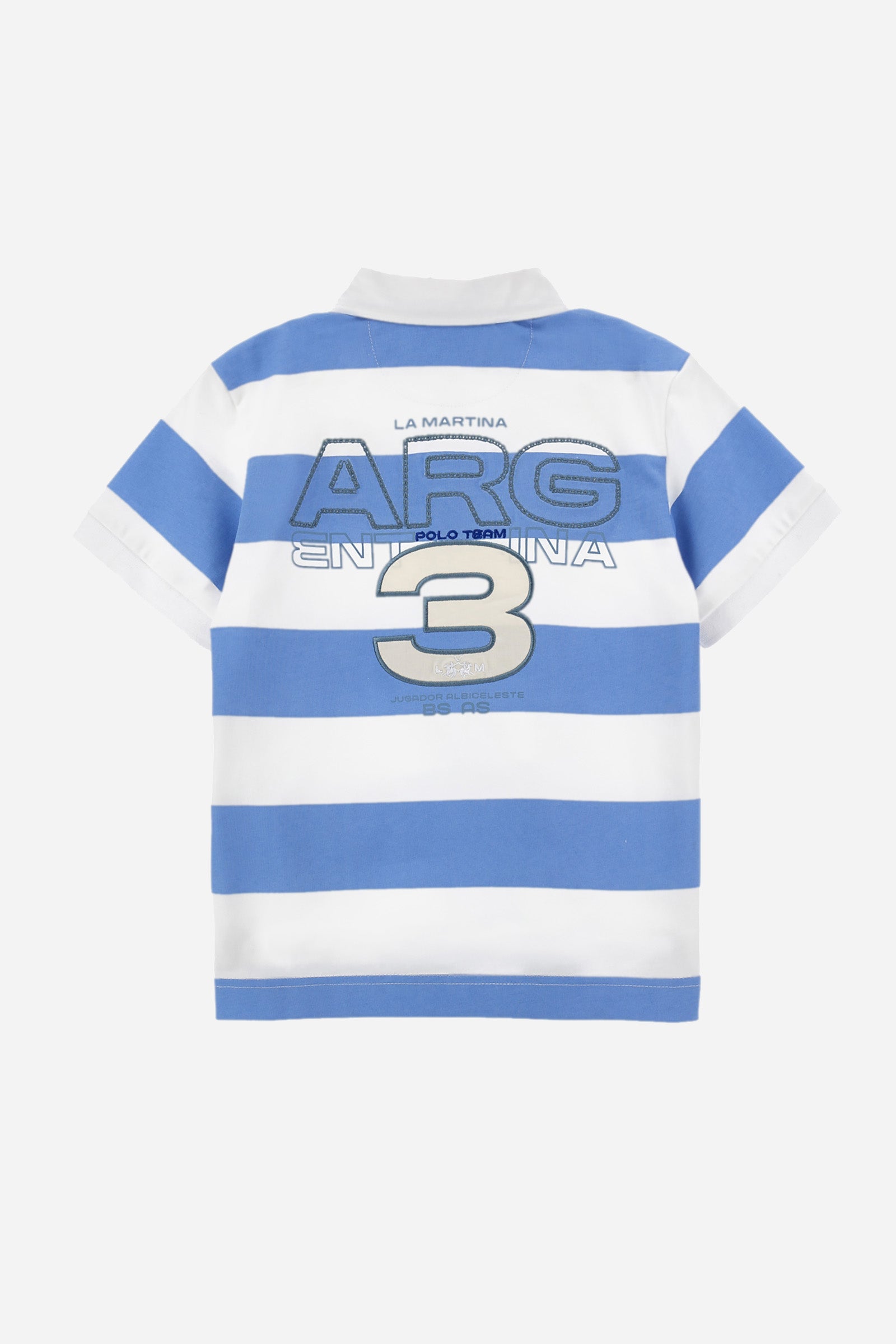 Boys' striped polo shirt, made of cotton jersey. Two-button fastening. There are various embroideries on the front. The logo is present on the chest. - OffWhite+SkyWay