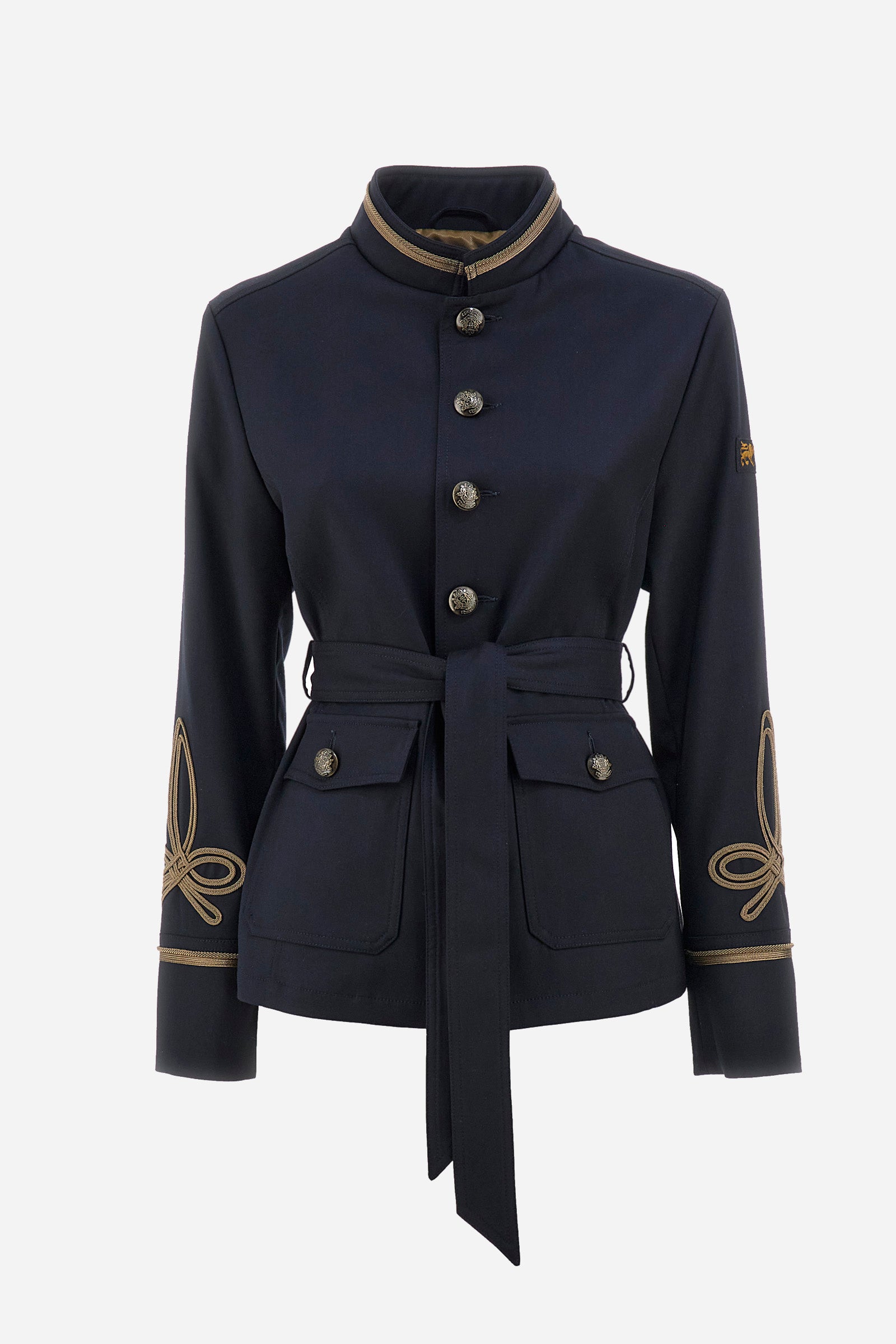 Women's long-sleeved Guards jacket, made from plain synthetic fabric. High neck. Button fastening. Decorations representing the Royal Guards line appear on the sleeves. Double pocket on the front, fastened with buttons. Belt loops at the waist. Regular fit. The model is wearing a size 42. - Navy