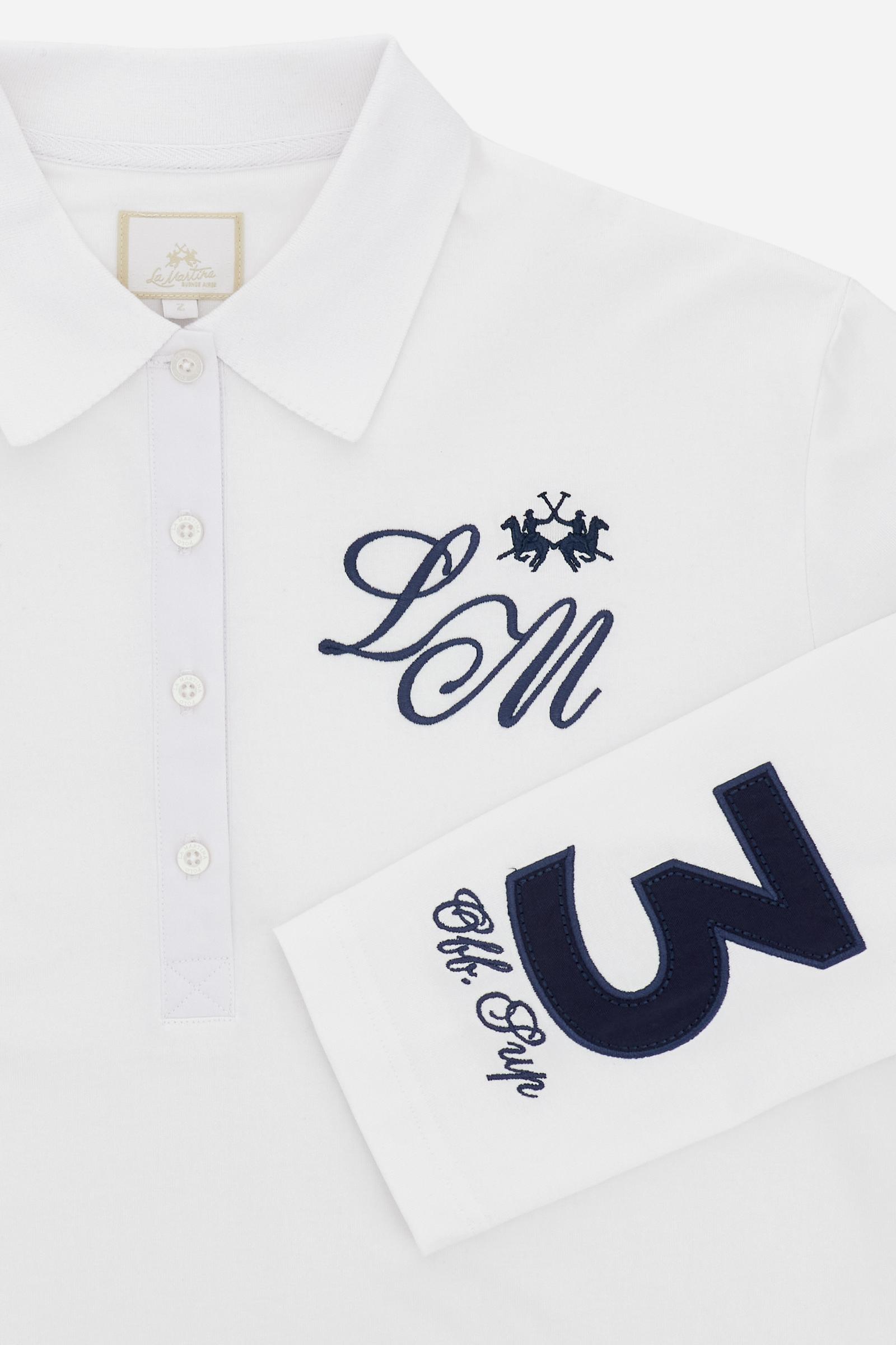 Women’s long-sleeve polo in heavy cotton jersey with relaxed fit and ribbed collar. Player prints and contrast applications. - Optic White