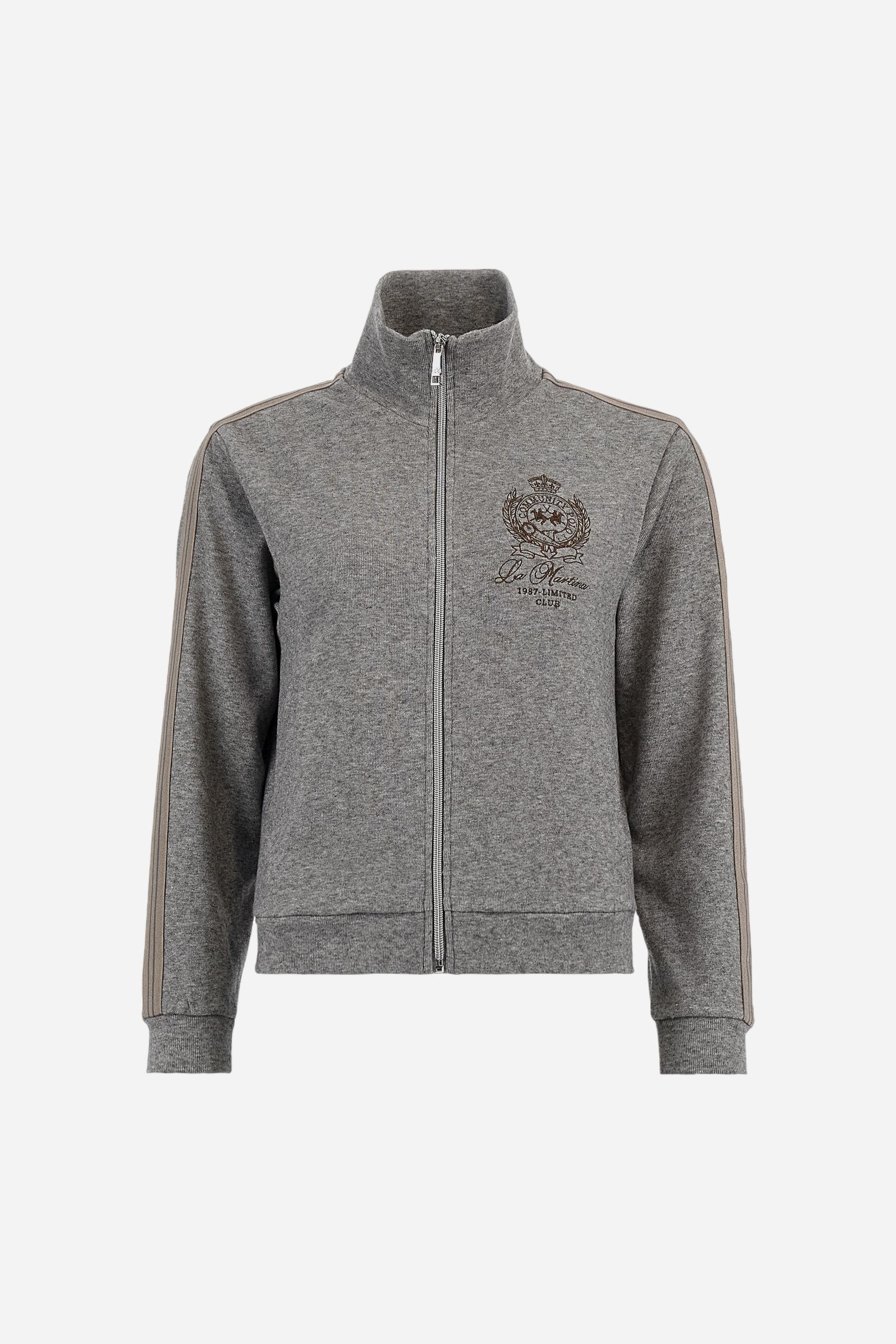 Women’s full-zip sweatshirt with long sleeves in soft interlock viscose blend, offering a luxurious feel on the skin. Straight cut with fluid line and sport-luxury details. Striped bands on the sleeves and heraldic embroidery on the chest add a contemporary touch. The model wears size 2. - Medium Heather Grey