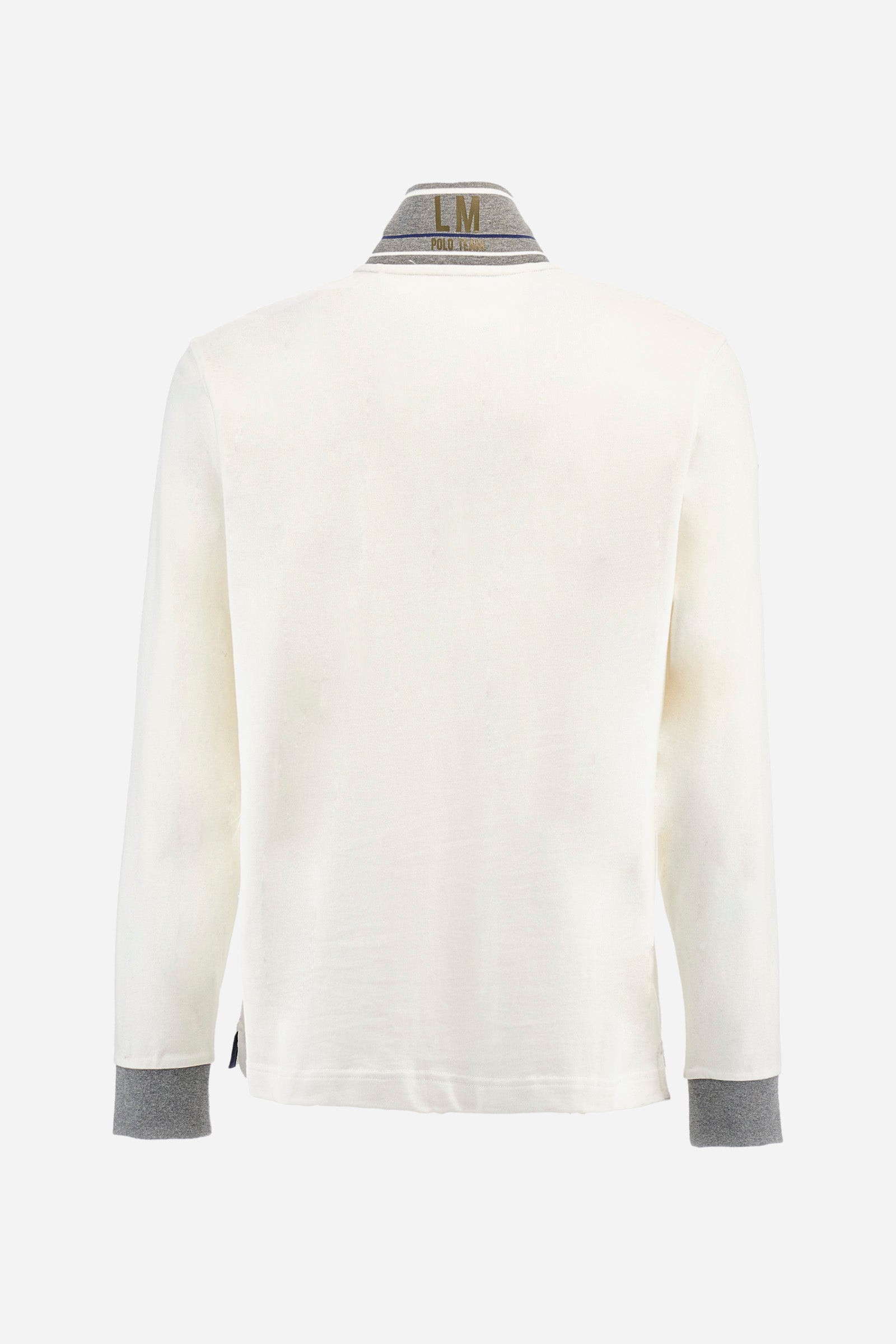 Men's single-colour long-sleeved polo shirt, made from 100% cotton. Three-button fastening. Profiled collar, with the brand's initials underneath. Colour-contrasting cuffs. The garment features all-over lettering and symbols. The logo is embroidered on the front. Regular fit. The model is wearing a size L. - Off White