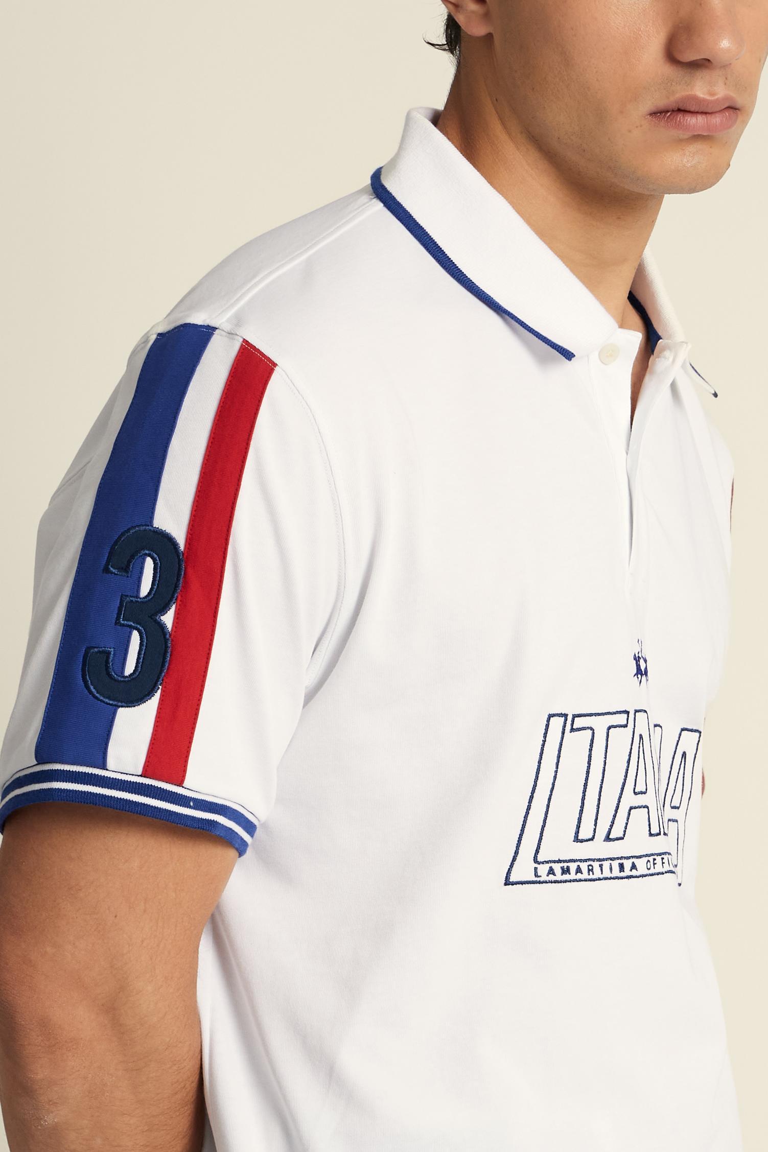 Men's short-sleeve polo in 100% cotton jersey featuring bold Italia graphics, contrast piping, and a contemporary fit. Perfect for a stylish, sporty look. - Optic White