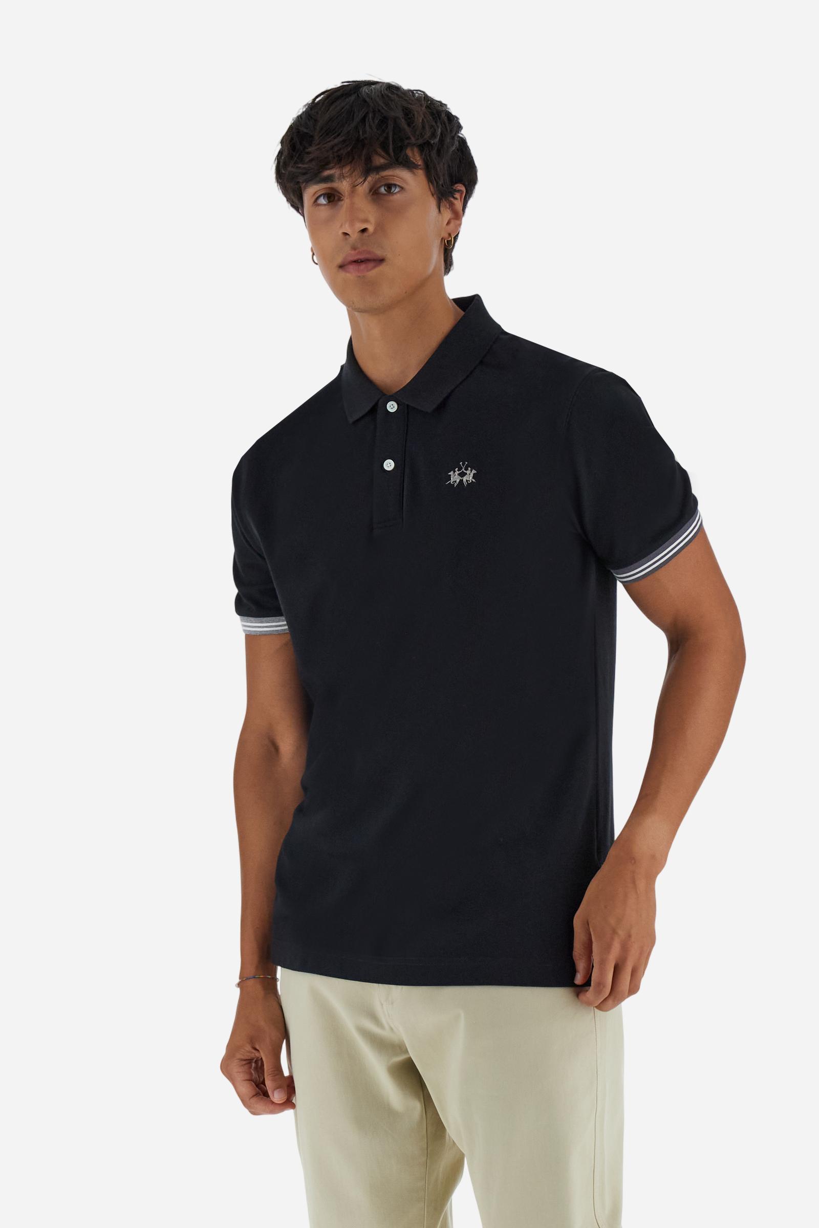 Men’s short-sleeve polo in high-quality stretch cotton piqué, ensuring excellent breathability and flexibility. Classic ribbed collar, two-button placket with customized buttons. Inner collar enriched with contrast tapes and colors for a modern touch. Multicolored ribbed cuffs with different patterns. Small contrast logo embroidered on the chest. Regular fit. Model wears size L. - Black