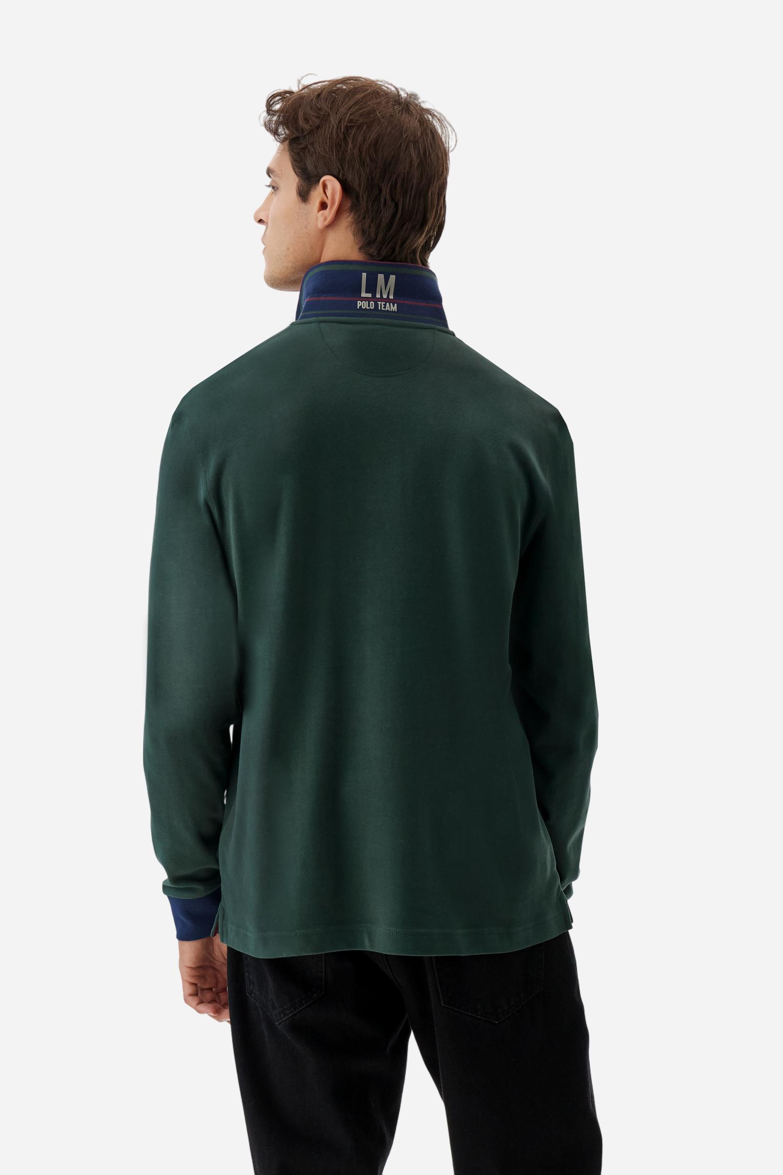 Men’s long-sleeve polo shirt in solid-colour cotton jersey with a warm, matte handfeel. Ribbed collar and cuffs with stripes and colour blocks in contrast, two personalised buttons and contrast details inside the collar. Patches and graphics on sleeves and chest celebrate the Official Polo Supplier team. The large multicolour logo is embroidered on the chest. Regular fit. The model wears size L. - Sycamore