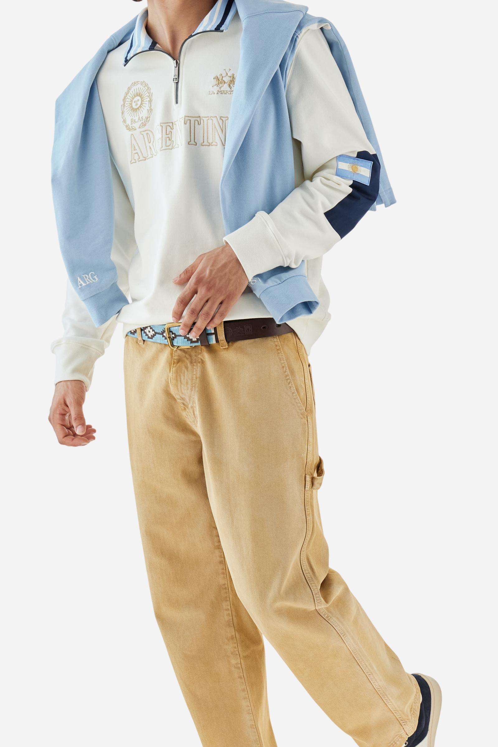 Men's long-sleeved solid colour sweatshirt in cotton. Made of pure cotton fabric with a soft, velvety touch. Practical half-zip opening and ribbed cuffs and collar details. Vivid multi-coloured with Argentina-inspired graphics on the chest and sleeves. The logo is embroidered on the left side of chest for a subtle touch of branding. The fit is regular to suit everyday wear. The model is wearing a size L. - Off White