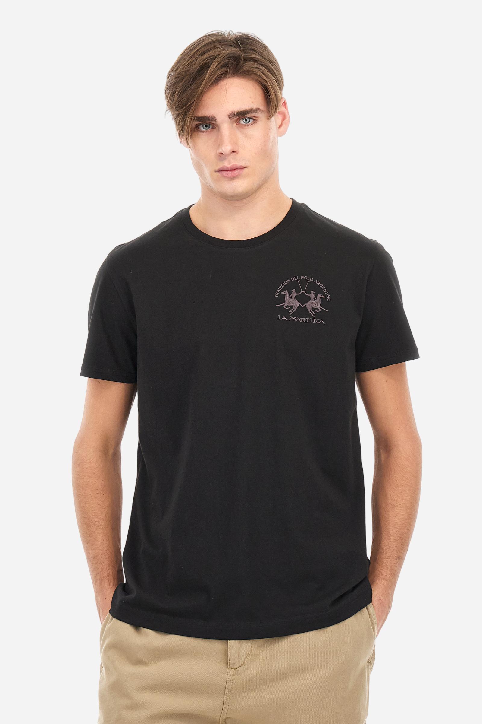 Men's plain short-sleeved T-shirt, made from 100% cotton. Large logo embroidered on the front. Regular fit. The model is wearing a size L. - Black