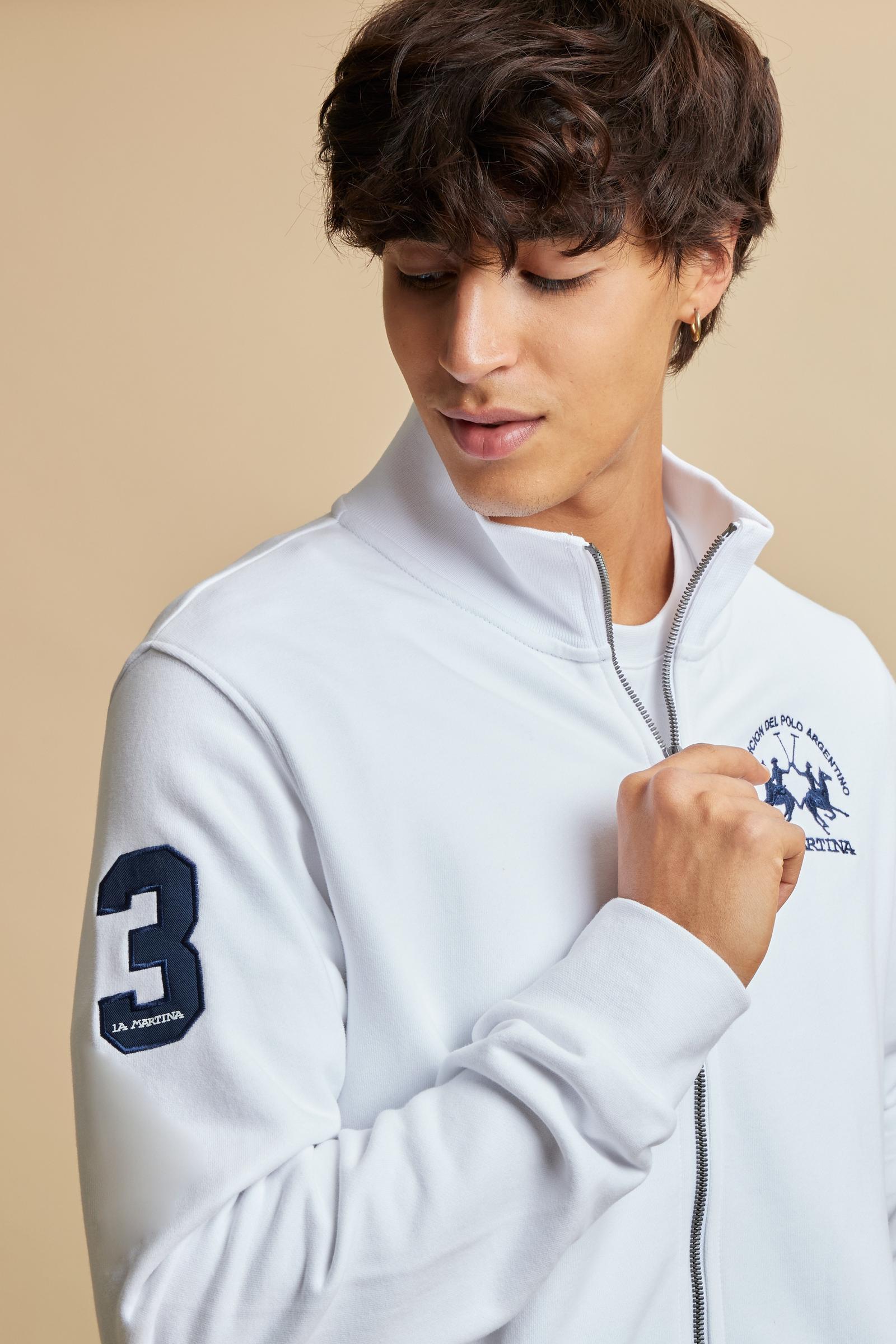 Men’s cotton sweatshirt with regular fit and full front opening, Iconic patch on the sleeve and embroidered team logo on the chest. - Optic White