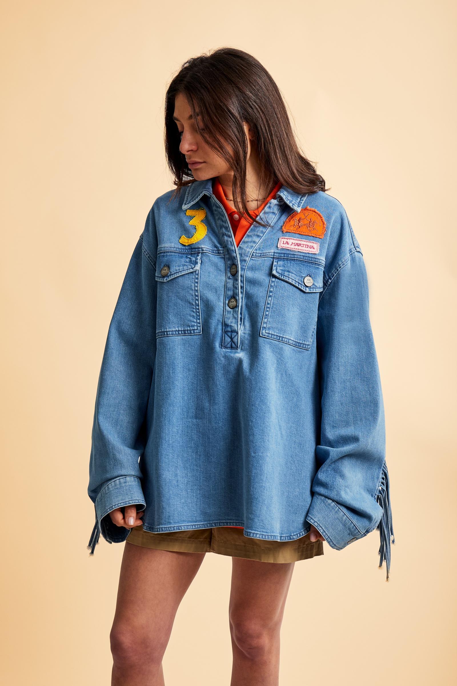 Women's oversized denim shirt with fringes contemporary casual style Cristina La Martina Women's oversized denim shirt with fringes contemporary casual style Cristina La Martina