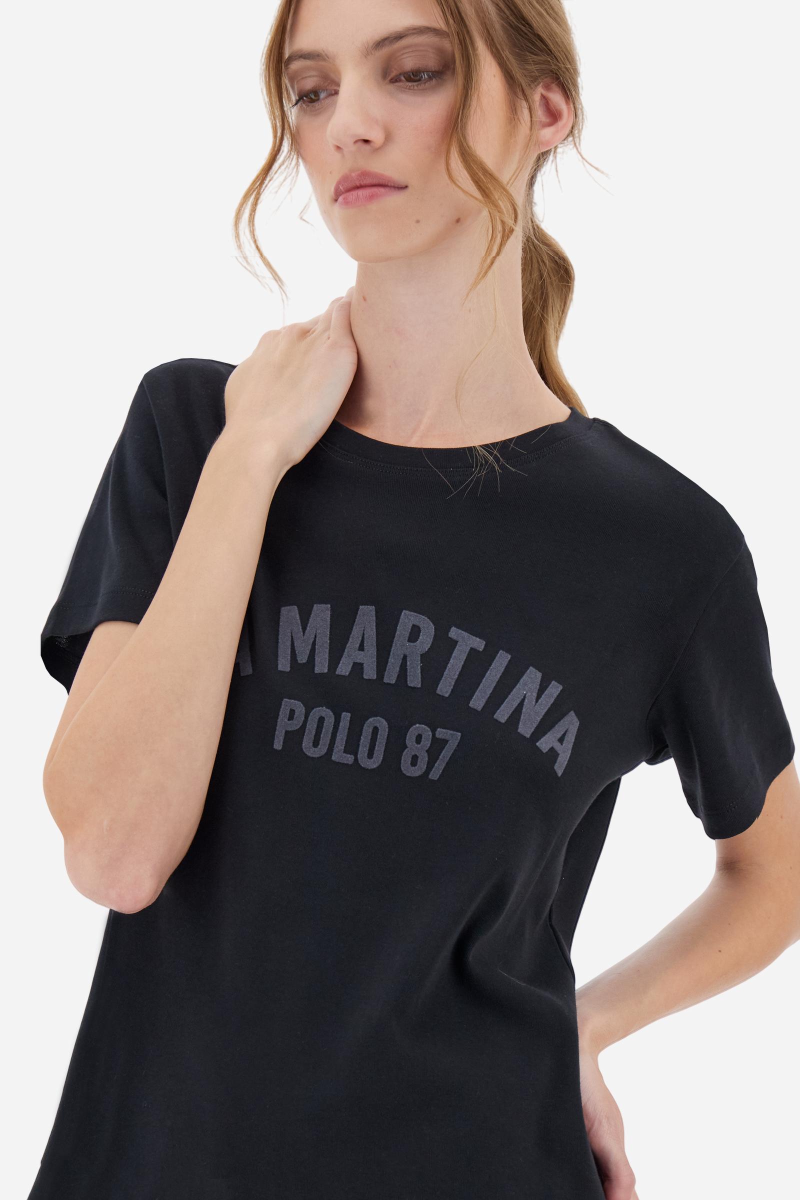 Women’s short-sleeve T-shirt in 100% cotton ribbed jersey. Crew neck model with contrast detail inside the neckline and maxi flock print of the brand logo on the chest in contrast colour. Slim fit. The model wears size 2. - Black