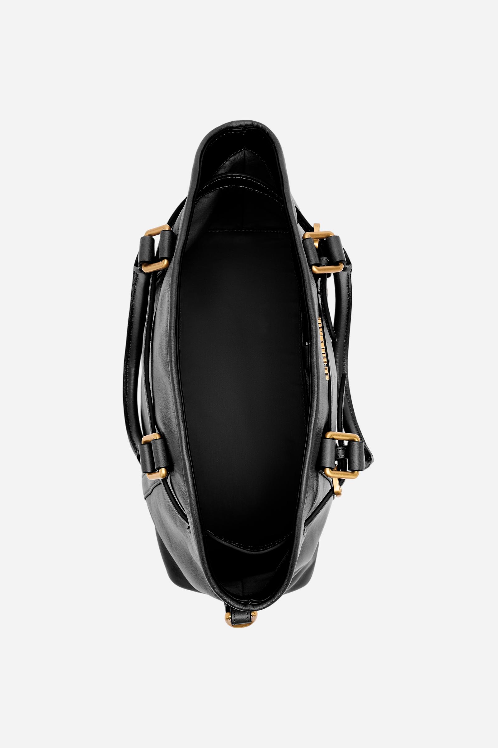 Vintage-finish calfskin tote bag with semi-rigid structure, handles, strap, and gold-tone metal details for timeless elegance. - Black