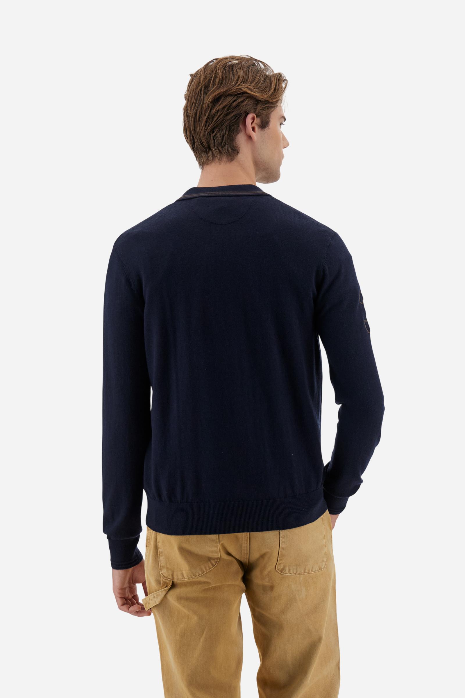 Men’s cotton and wool knit polo with small logo - Navy