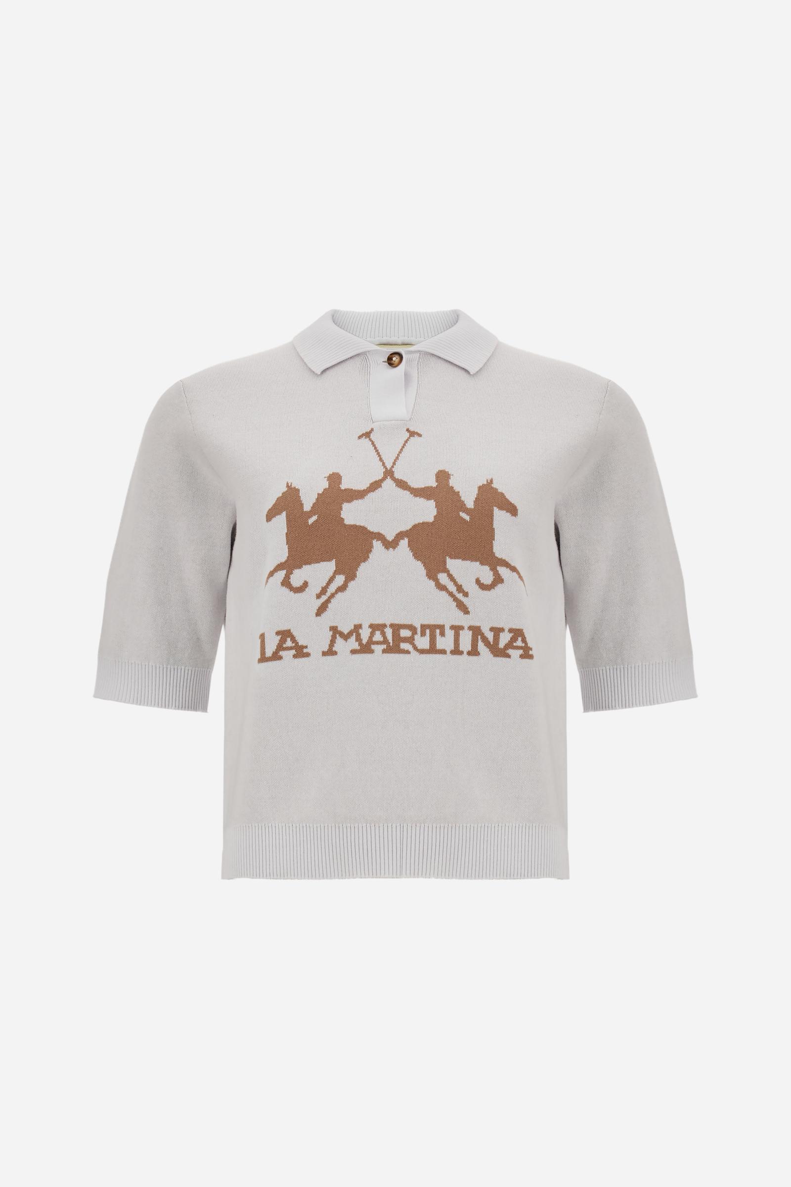 Women’s compact cotton knit polo with V-neck design. Maxi front intarsia logo for a refined look. - Off White