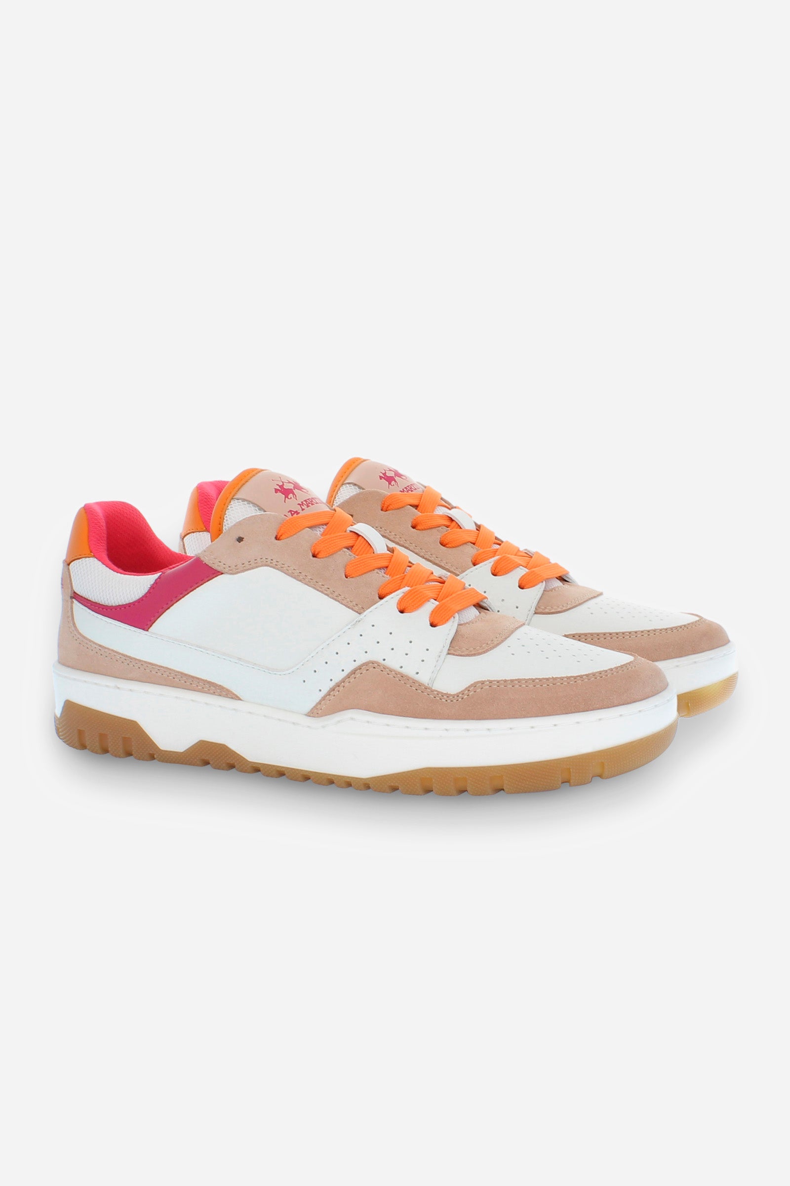 New vintage project trainer in soft, vegetable-tanned leather, with tone-on-tone and vividly coloured suede inserts to add a touch of visual interest. Iconic perforated motif and technical fabric inserted for greater lightness. Padded tongue covered in leather with fabric insert with embroidered La Martina branding. Logo print on the back patch. Oversized cushioned sole in two-tone rubber. - Pink/White