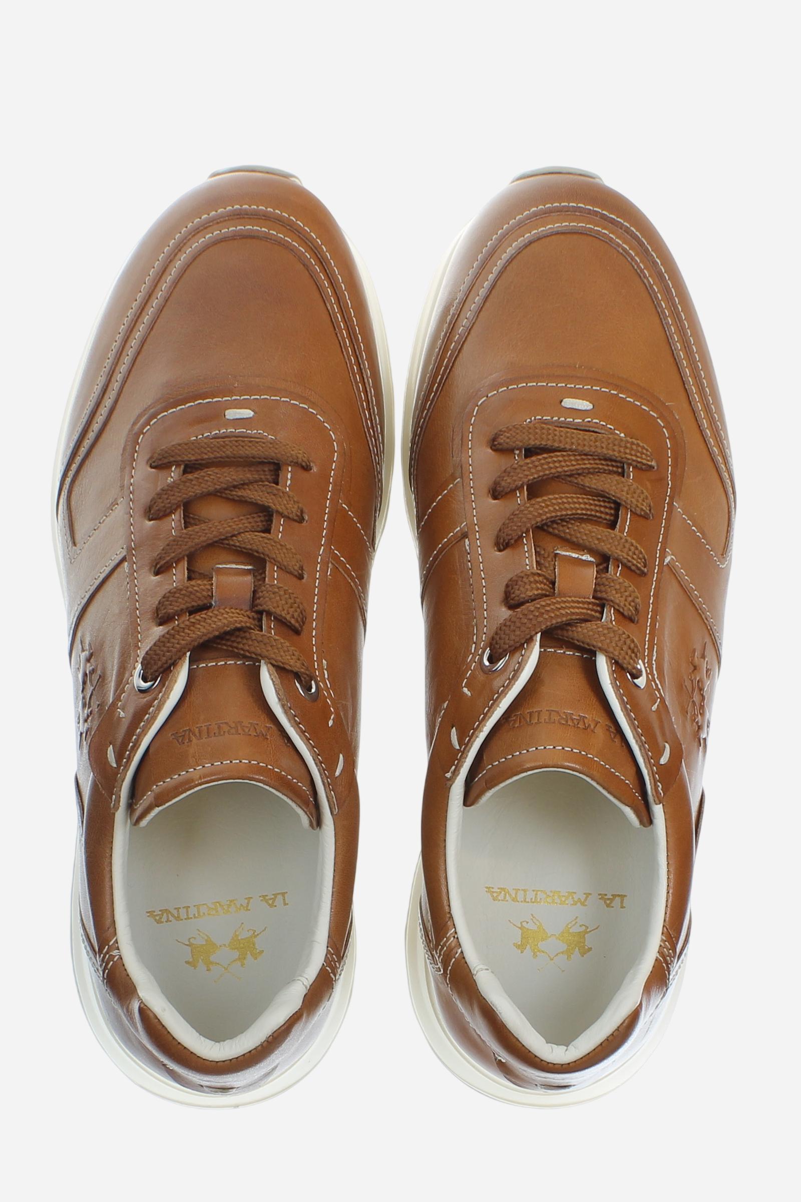 Leather sneakers in cowhide with embossed logos and EVA block sole for maximum comfort. - COGNAC