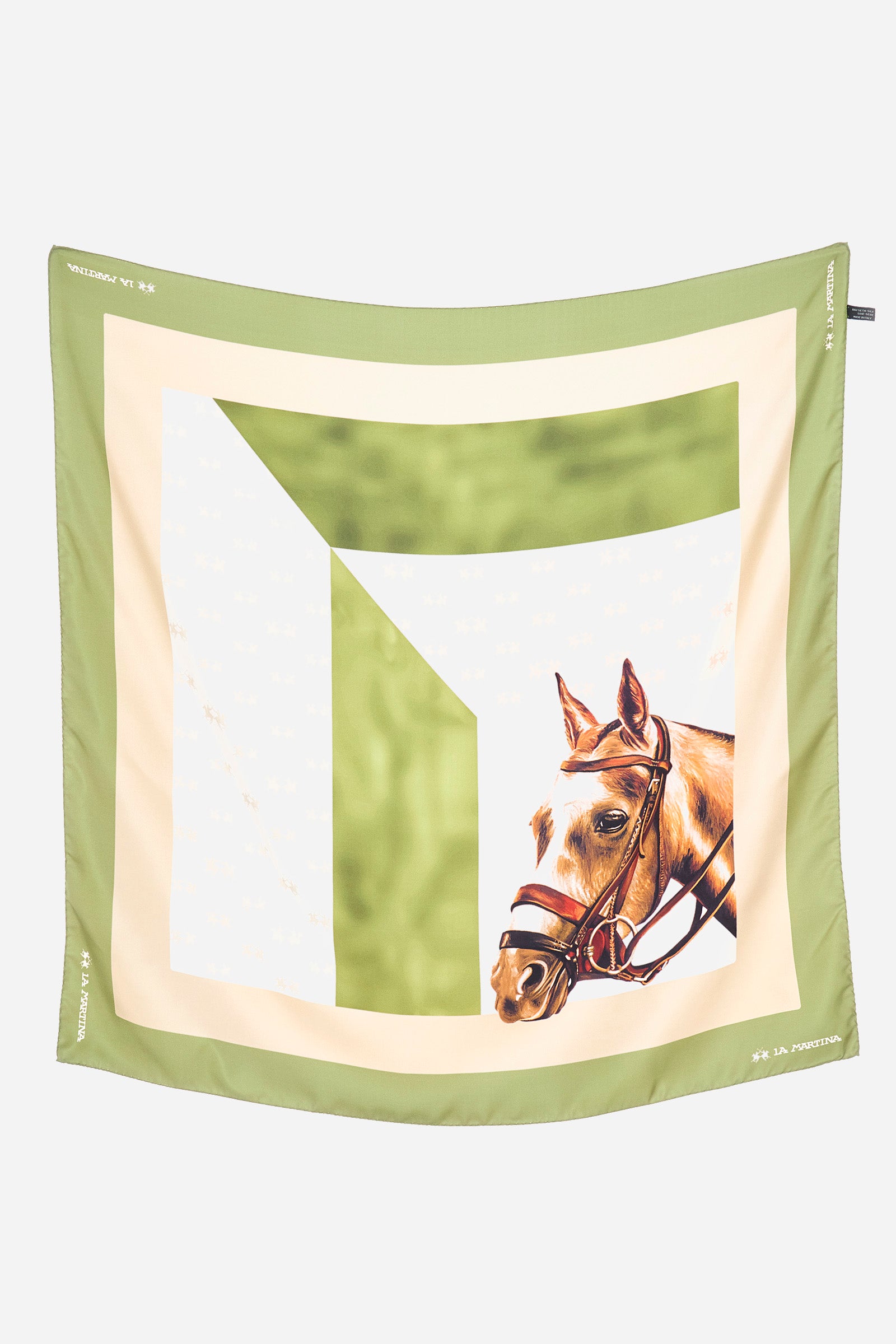 This scarf is part of an exclusive La Martina collection. The vibrant graphics of this silk twill scarf made in Italy are inspired by the world of polo. Perfect to embellish your outfit with a touch of sophistication. The scarf is delivered in a custom square box. - Loden Green/White Pe