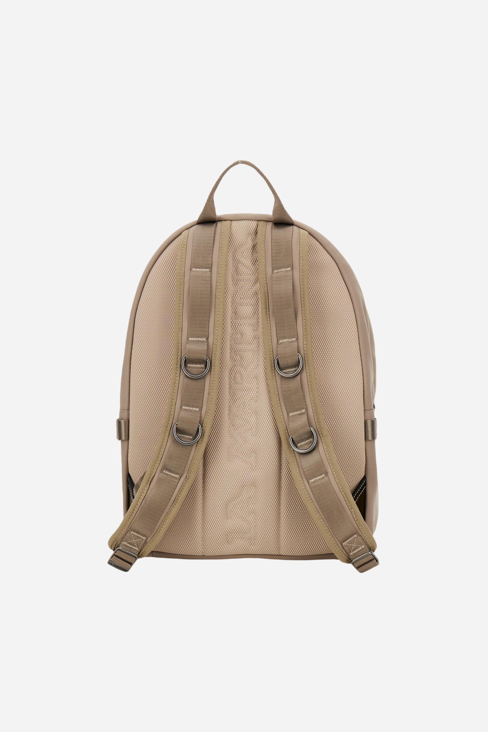 Backpack in matte technical canvas with eco-leather contrast details and applied maxi logo, modern and minimal design. - Gaucho / Olive