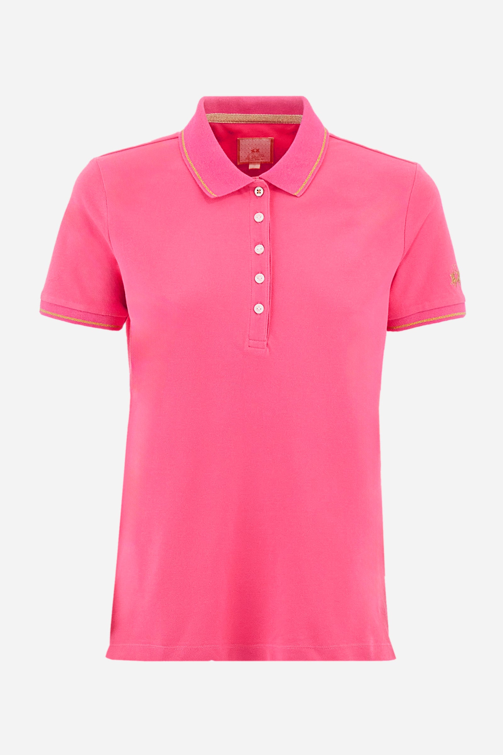 Women’s polo with short sleeves in solid color, made of stretch cotton. 5-button closure. Collar and crew sleeves profiled and ribbed. Side slits. Under the collar there is the inscription "La Martina". The logo is embroidered on a sleeve and embellished with the application of some rhinestones. The fit is regular. The model wears a size 2. - Hot Pink