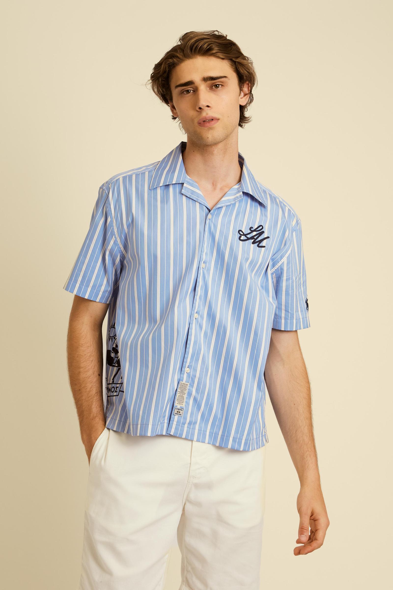 Men's bowling shirt in striped poplin Mykonos Edition - Connor