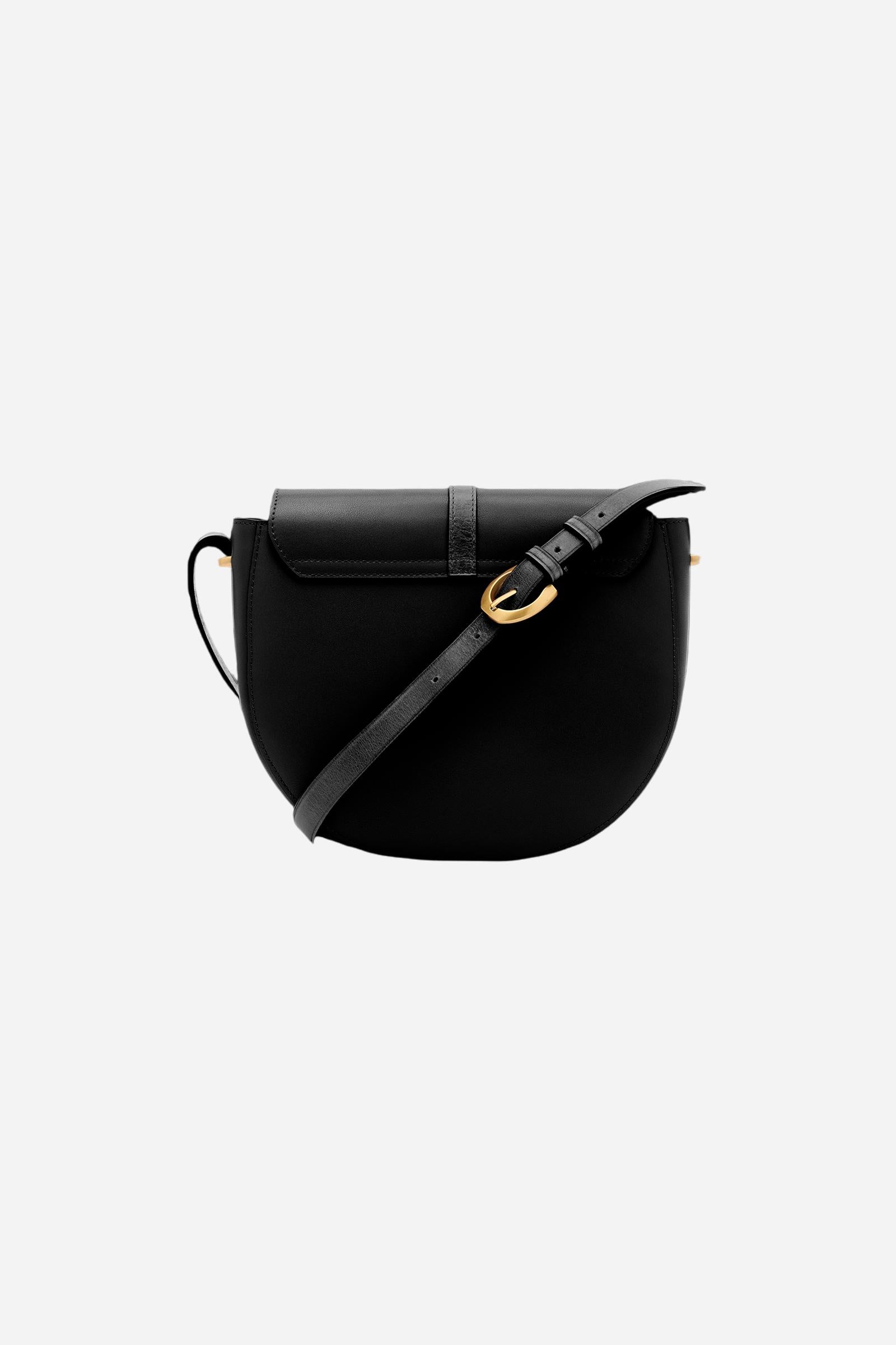 Small crossbody bag in calfskin leather and leather. Curved design with large golden buckle and contrasting details. - Black