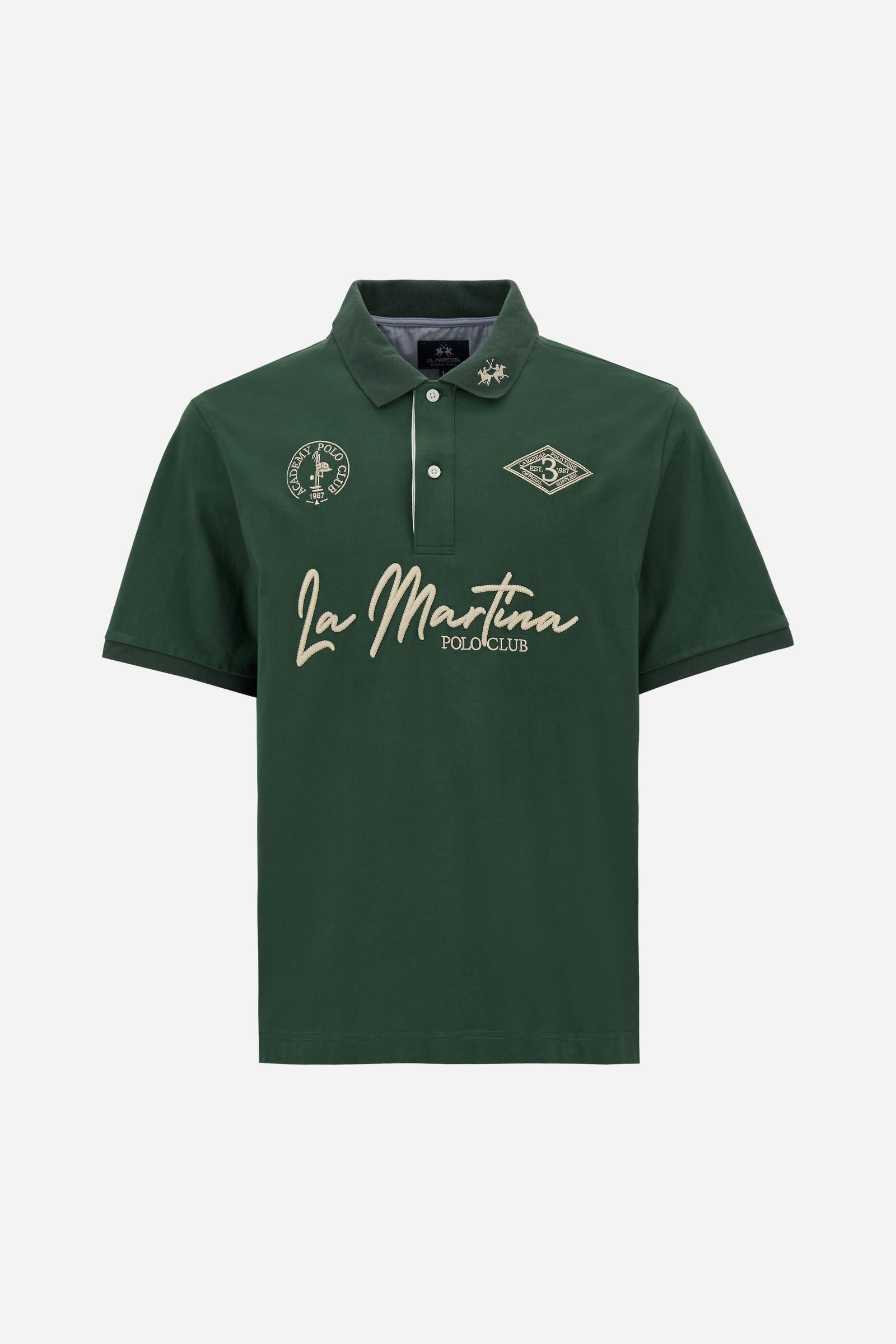 Short-sleeve polo in heavy cotton jersey with contrast details under the collar and placket. “La Martina Polo Club” embroidery on the chest with “Academy Polo Club” crest and additional embroidered detail. Soft contemporary fit. - Pineneedle