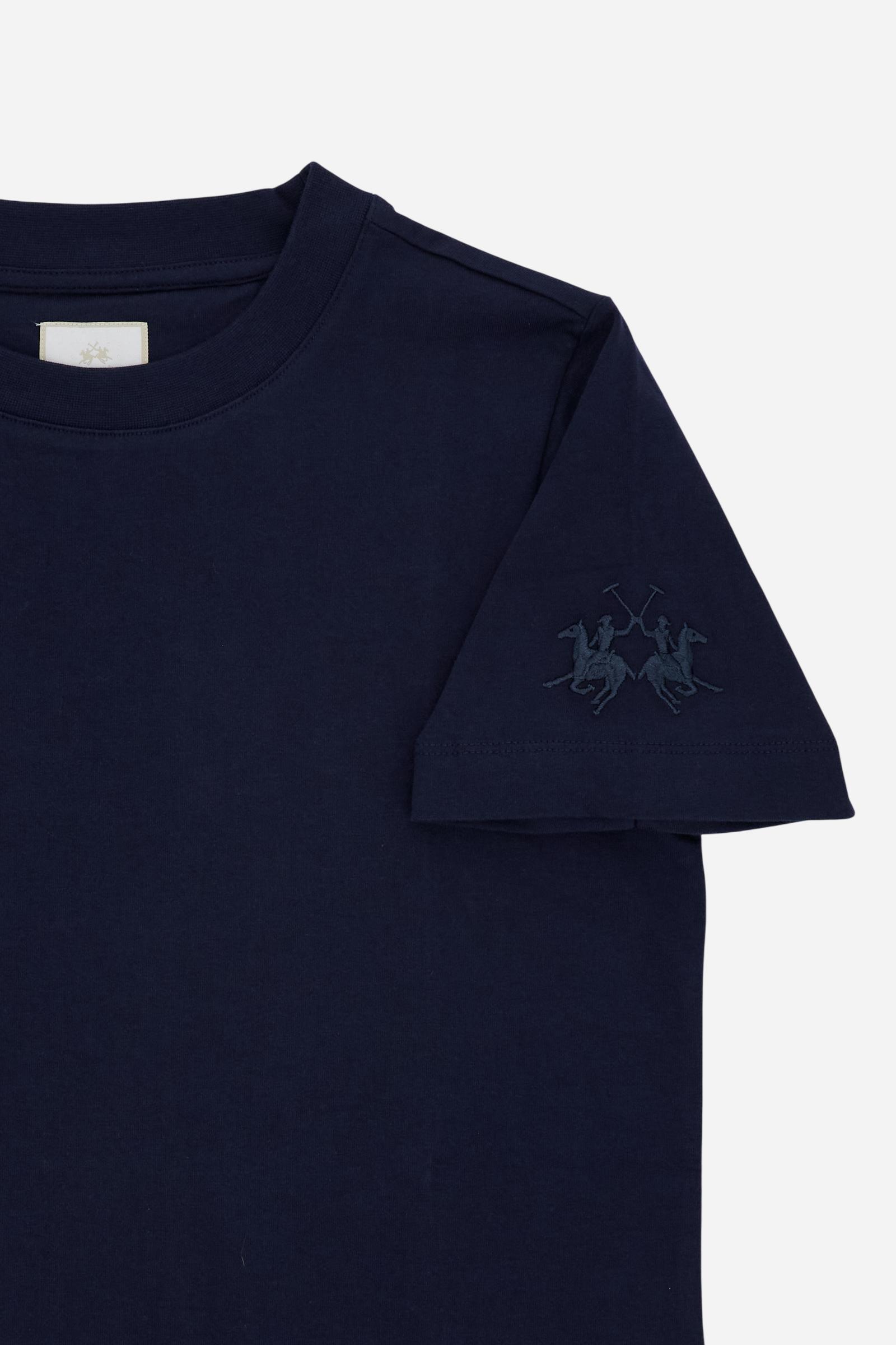 Women’s cotton jersey T-shirt with boxy fit and ribbed collar. Maxi embroidered logo on the sleeve. - Navy