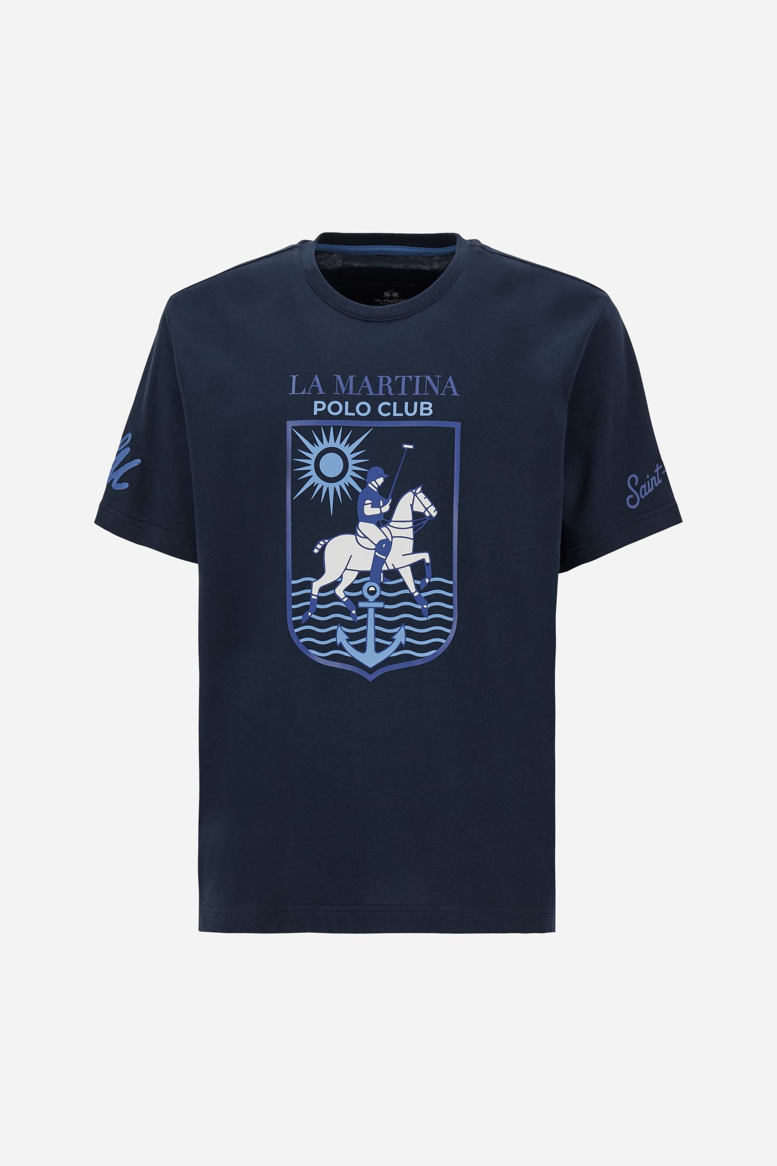Men’s short-sleeve cotton jersey T-shirt. Crew-neck style with contemporary fit and modern cut, enhanced by a large nautical heraldic print. - Navy