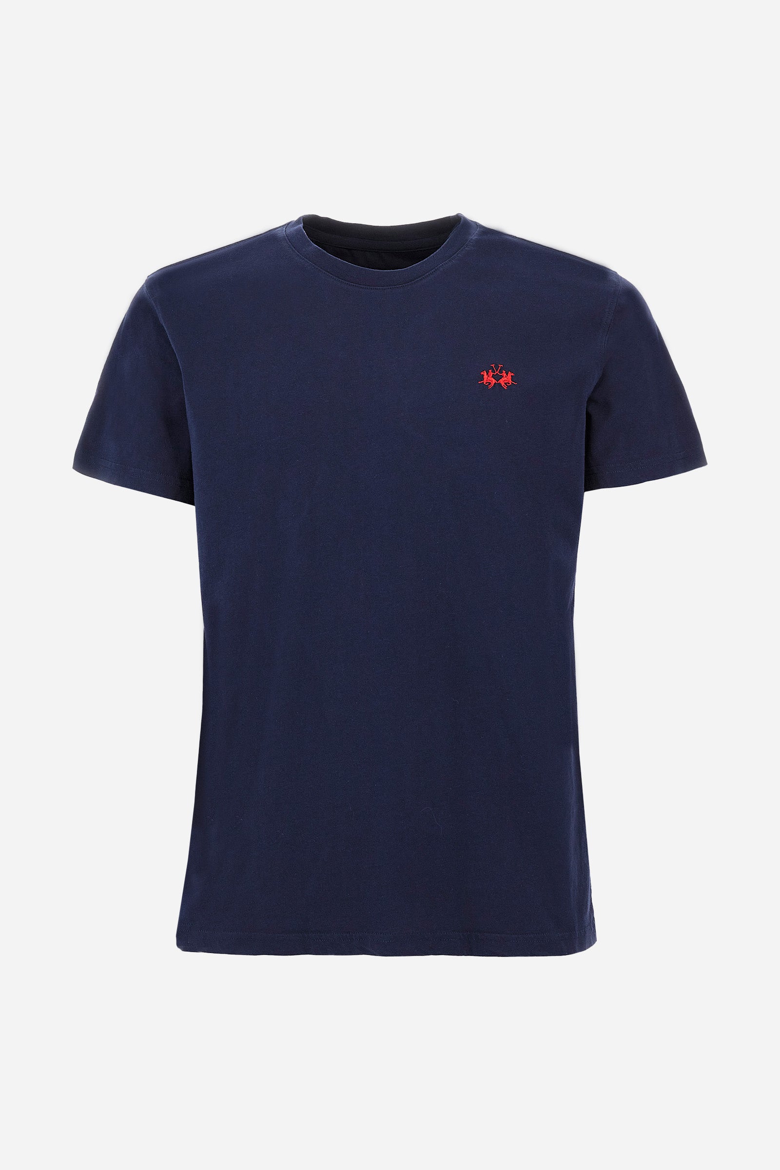 Men's short-sleeved crew-neck T-shirt in solid colour with embroidered logo in contrasting colour on the chest. Made of 100% cotton with a regular fit. It is perfect paired with Bermuda shorts or trousers for a casual and trendy look. Suitable for leisure time. The model is 187 cm tall and wears a size L. - Navy