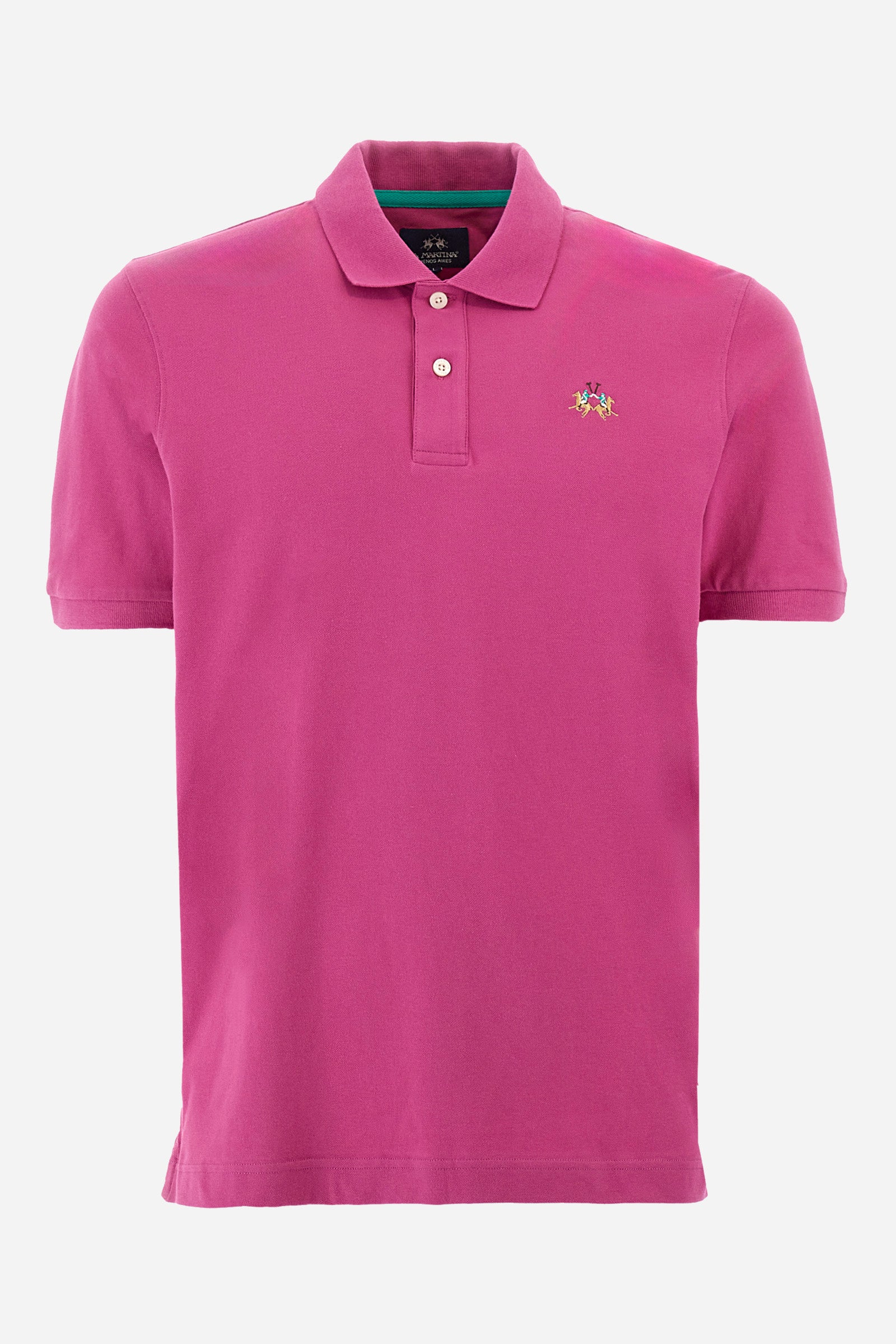 Men's single-colour short-sleeved polo in elasticated cotton. Two-button fastening. Tone-on-tone stitching. Ribbed collar and armholes. The "La Martina" lettering can be found under the collar. Featuring a small logo embroidered on the chest. In a slim fit. The model wears a size L. - Purple Wine