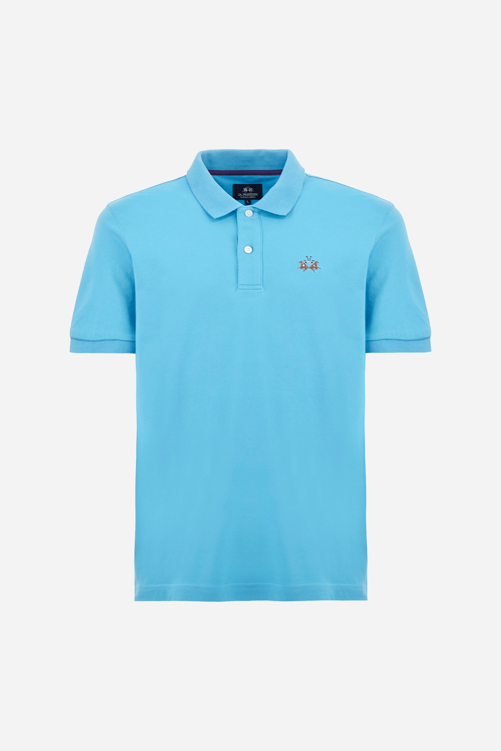 Men's plain short-sleeved polo shirt made from stretch piqué. Two-button fastening. The collar and cuffs are made from tone-on-tone ribbed fabric. Under the collar, there is a contrasting fabric panel with embroidered multicoloured lettering. The logo is embroidered on the left side of the chest in contrasting thread. Slim fit. The model is wearing a size L. - Blue Mist
