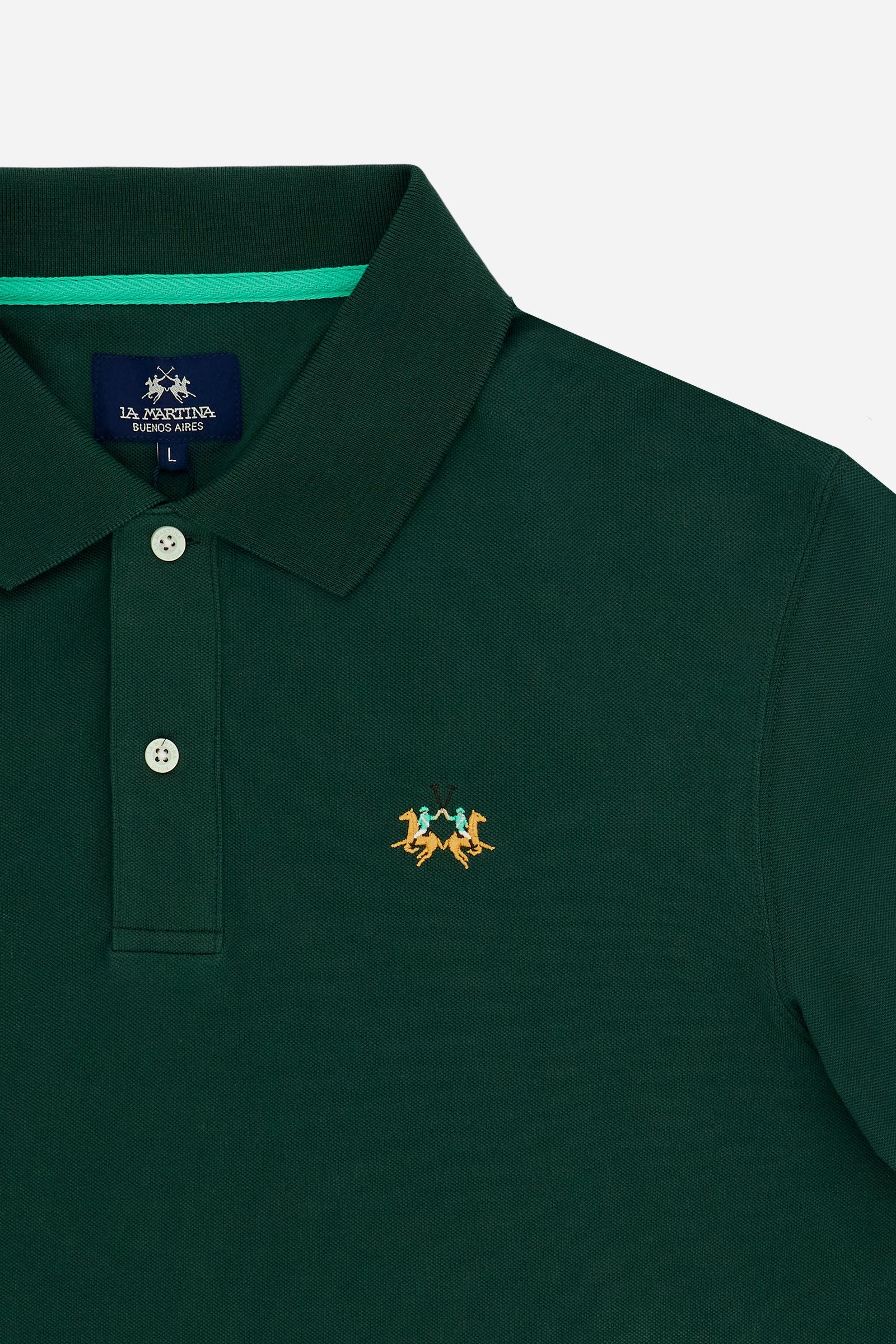 Men’s short-sleeve stretch piqué polo with regular fit. Contrast gabardine under-collar and iconic tricolor logo. - Pineneedle