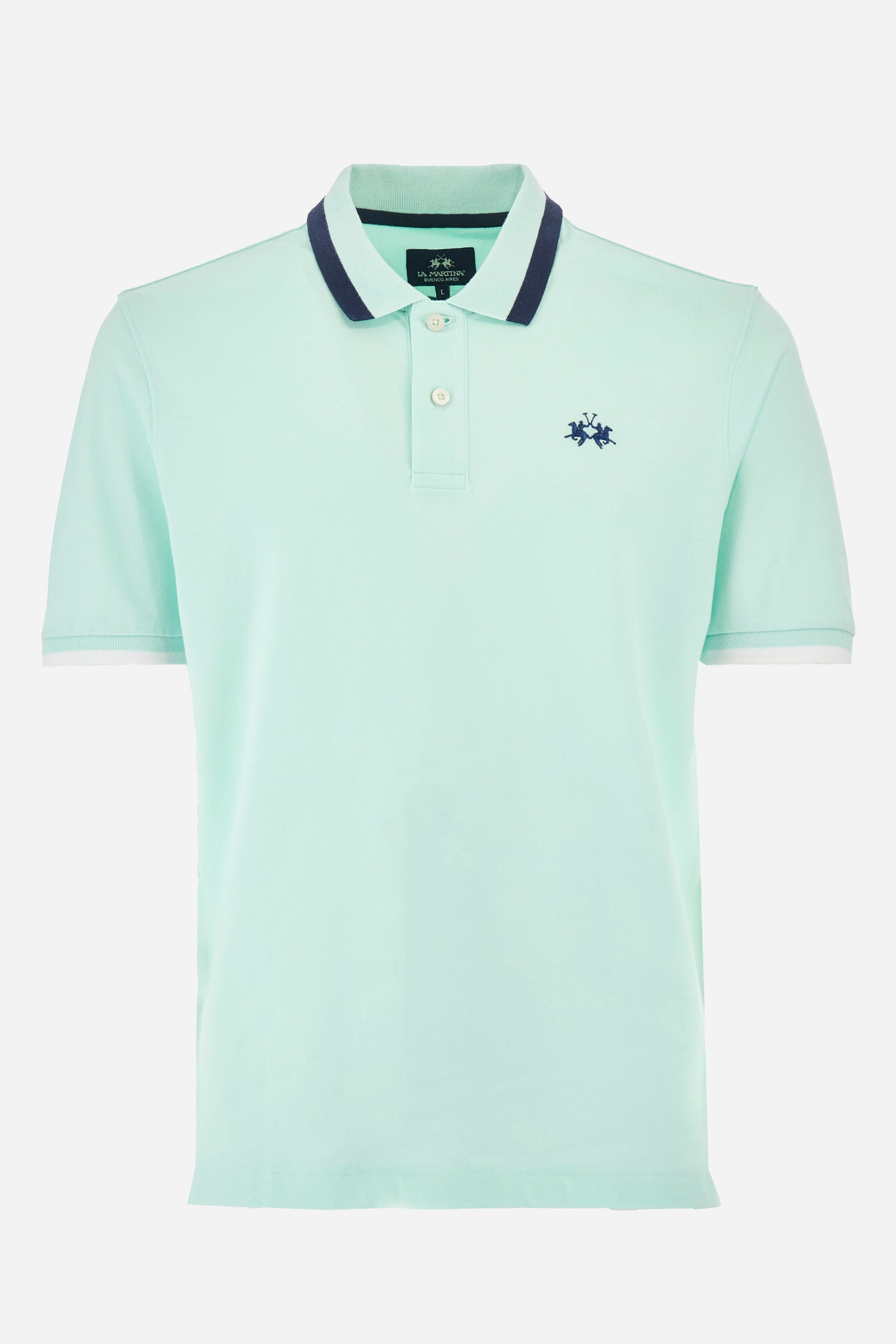 Men's single-colour short-sleeved polo in elasticated cotton. Two-button fastening. Ribbed collar and armholes with a stripe in different shades. The "La Martina" lettering can be found under the collar. Featuring a small logo embroidered on the chest. In a slim fit. The model wears a size L. - Honeydew