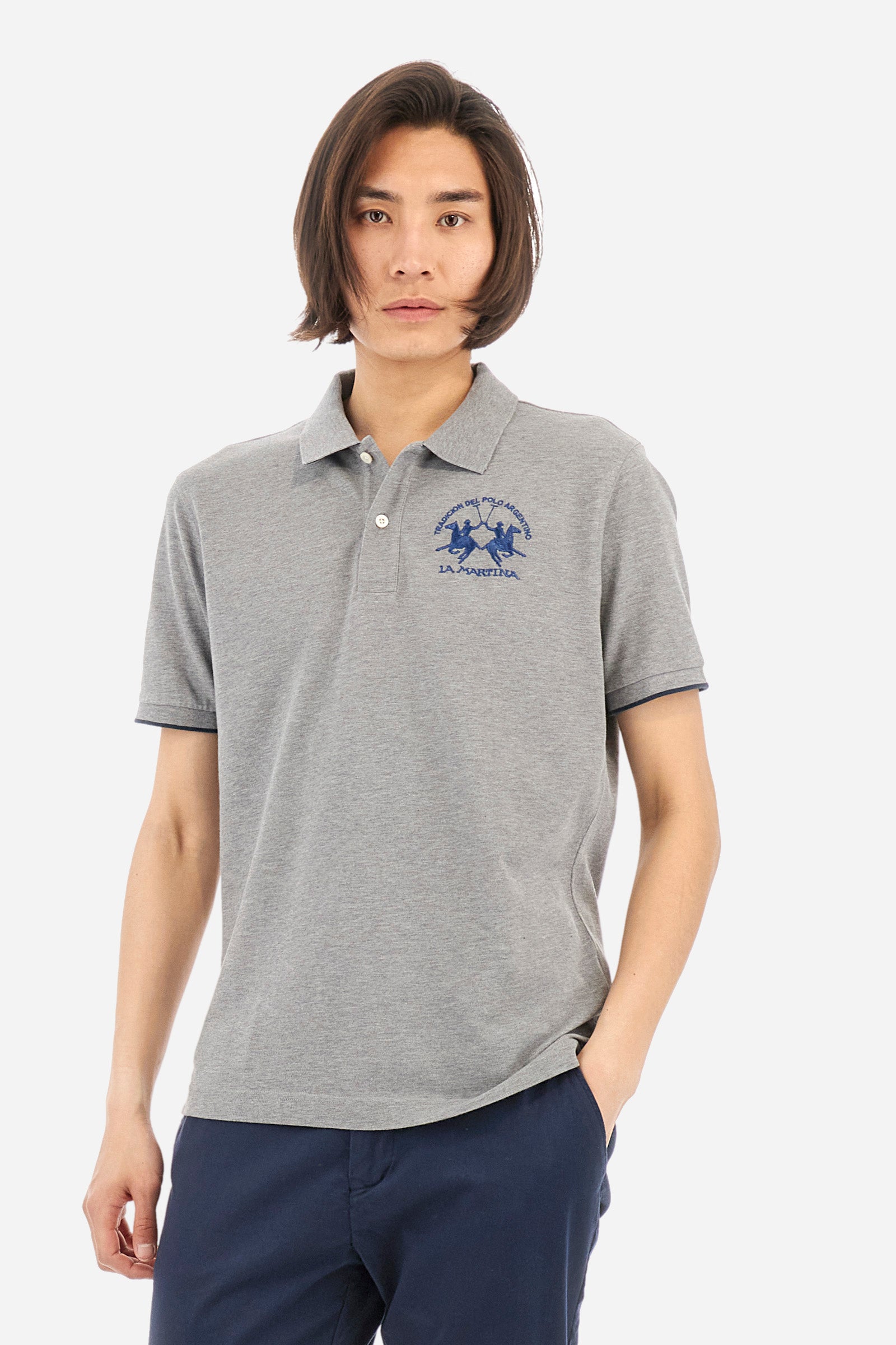 Men's short-sleeved, regular-fit polo shirt. A classic model with a contrasting La Martina logo-embellished chest and profiled sleeve trims. Perfect when worn with a pair of jeans from the collection. - Medium Heather Grey
