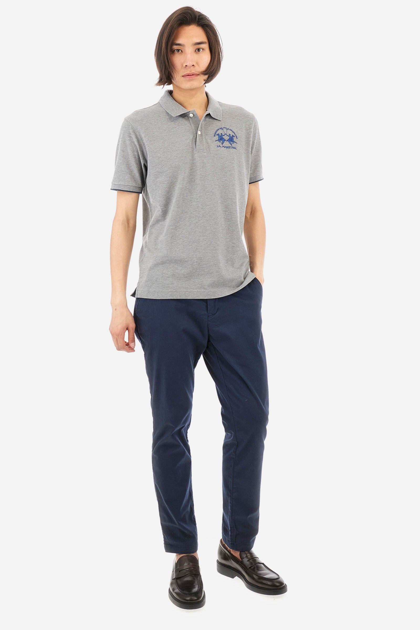 Men's short-sleeved, regular-fit polo shirt. A classic model with a contrasting La Martina logo-embellished chest and profiled sleeve trims. Perfect when worn with a pair of jeans from the collection. - Medium Heather Grey