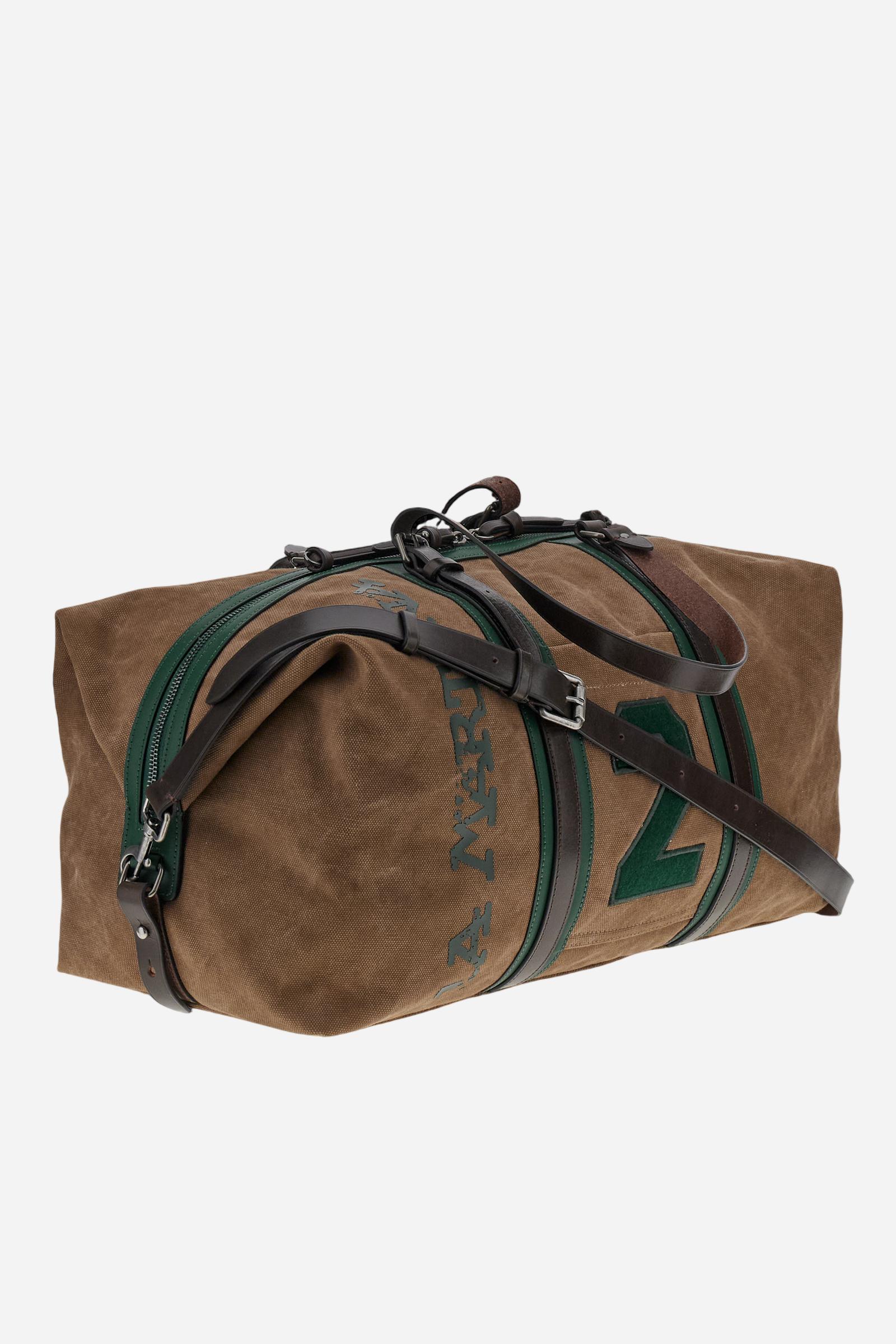Travel duffle bag in washed cotton and leather. Spacious and sporty, with double zip, leather details and contrasting prints. - COCOA/PINE NEEDLE