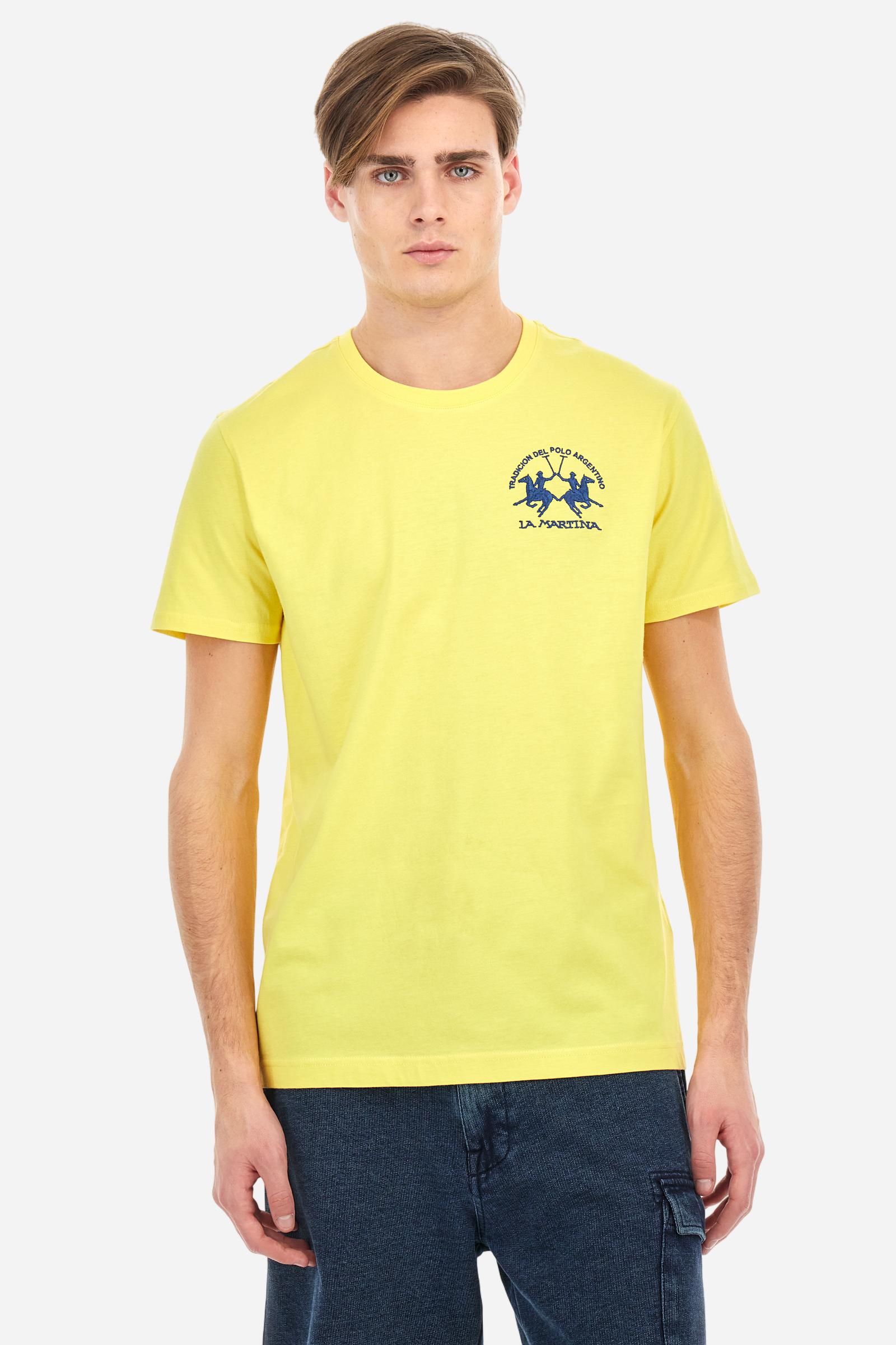 Men's plain short-sleeved T-shirt, made from 100% cotton. Large logo embroidered on the front. Regular fit. The model is wearing a size L. - Aurora