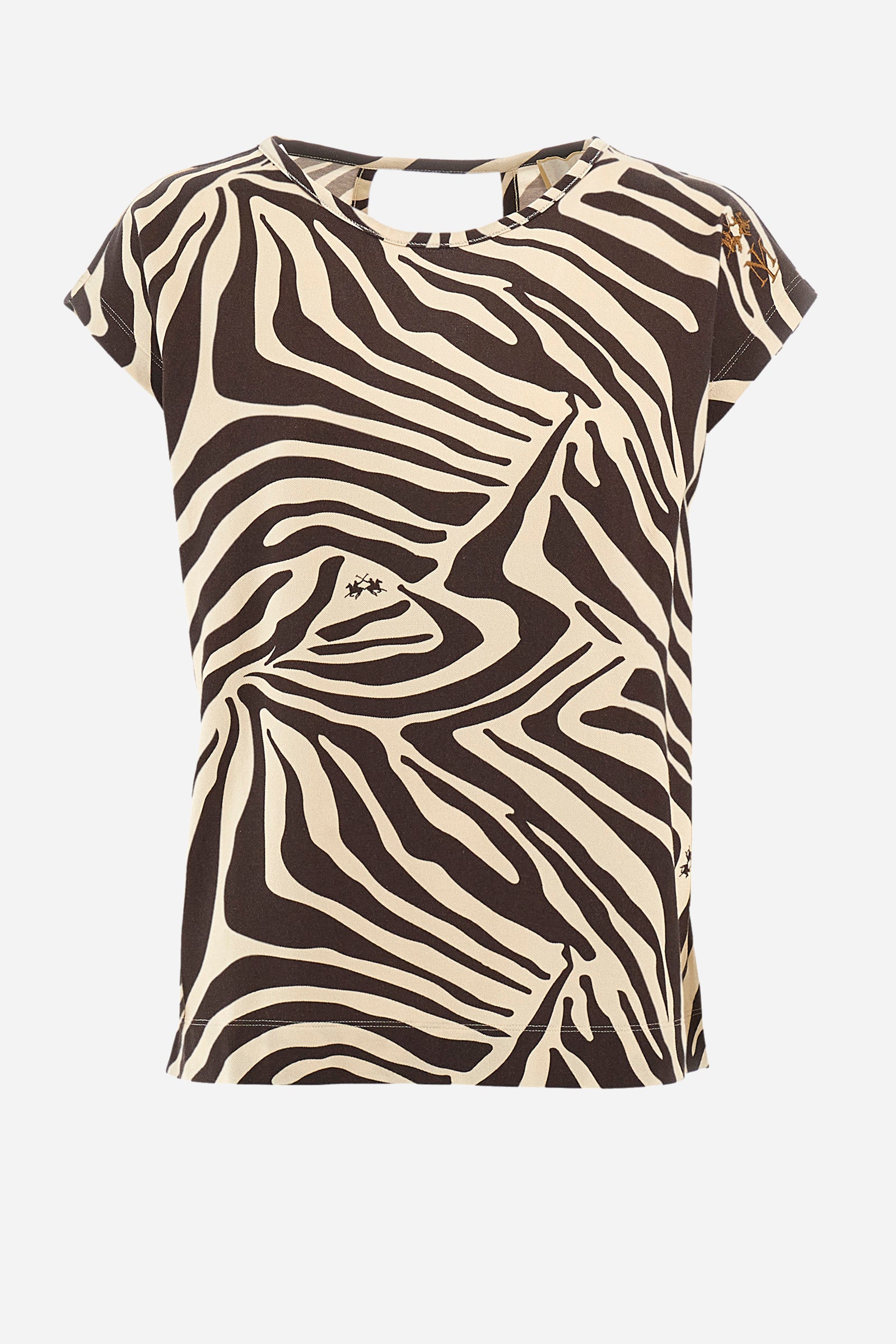 Women's short-sleeved T-shirt with an animal print and cew neck, made of elasticated cotton. The brand's logo is printed throughout the garment. Small opening on the back. The brand's initials and the logo are embroidered on one of the sleeves. The fit is regular. The model wears a size 2. - TURKISH COFEE/BONE W