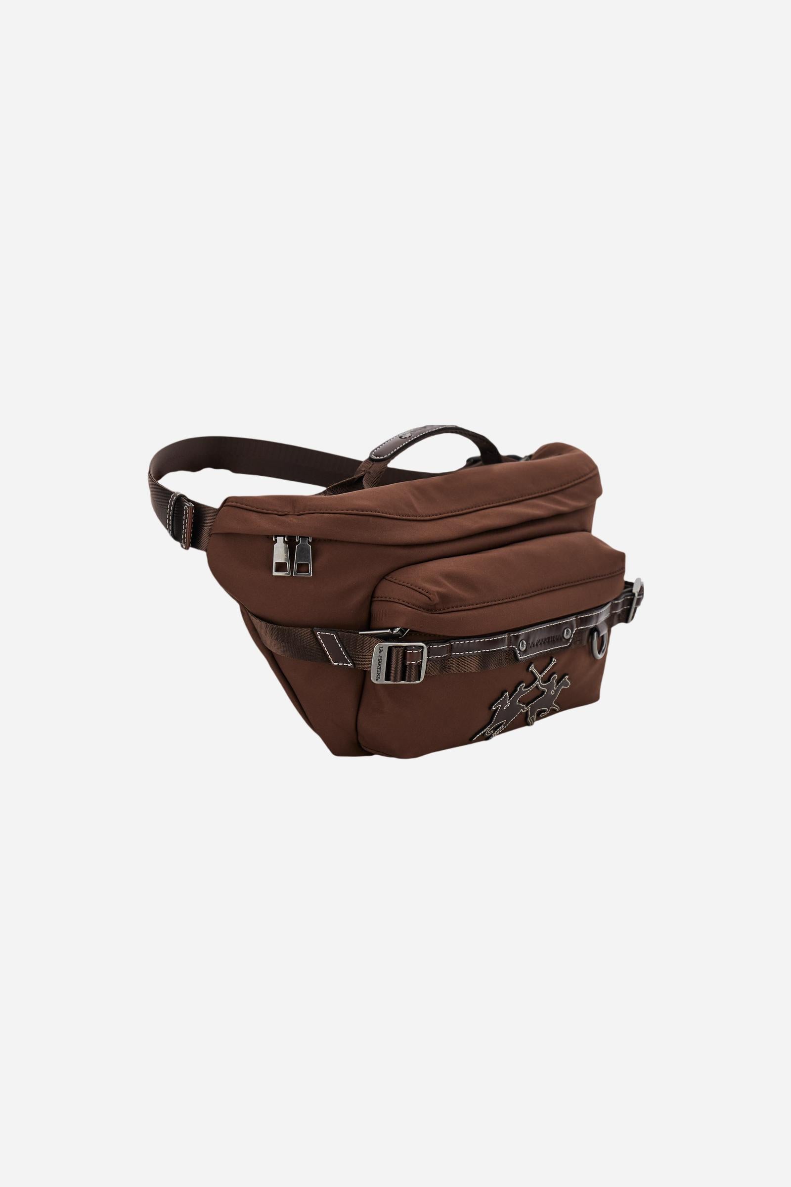 Bum bag in matte technical canvas with eco-leather details, front maxi logo, short handle and adjustable strap. - Tobacco / Sienna