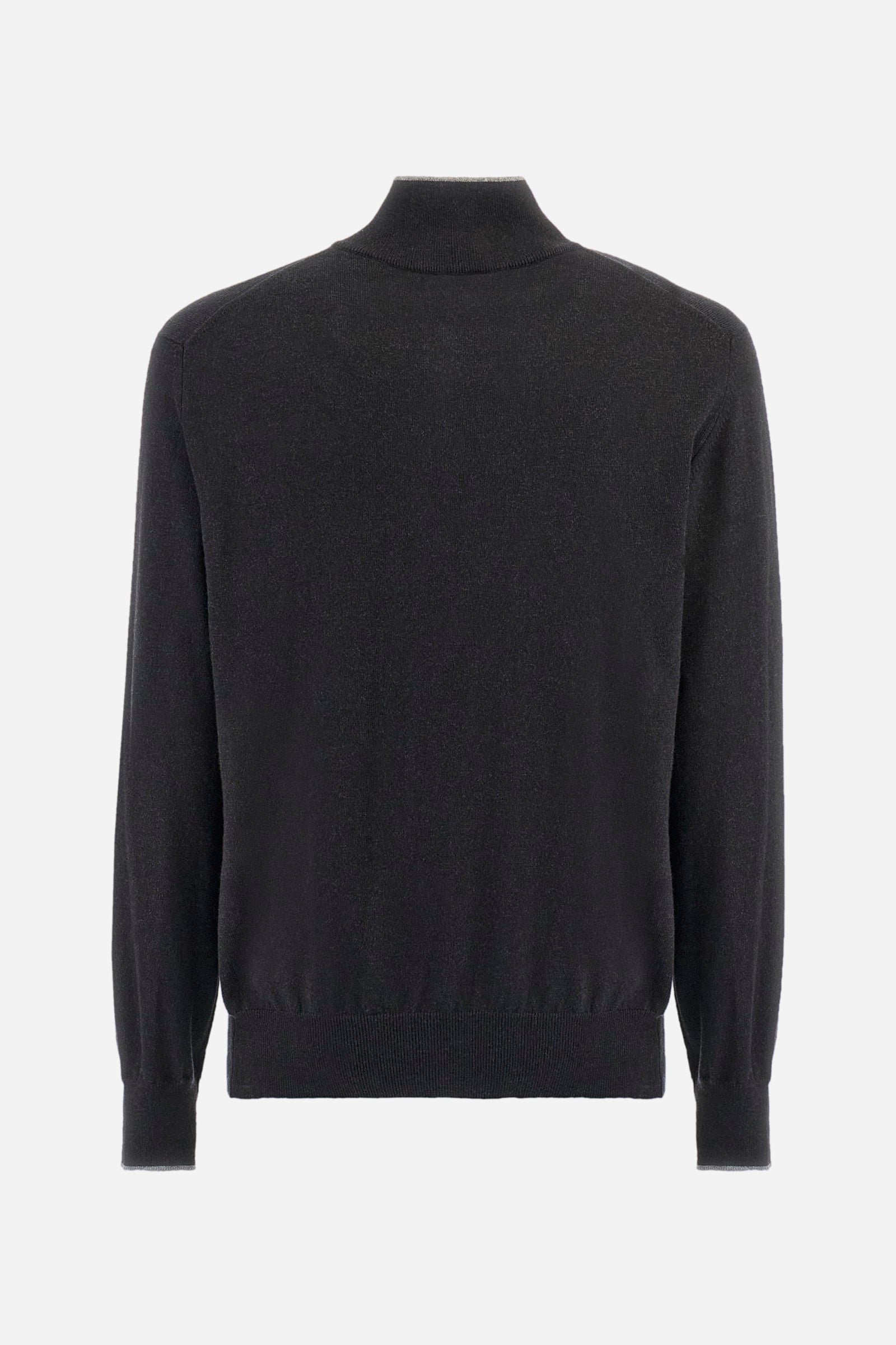 Men's plain mock polo neck pullover with long sleeves. Trimmed collar with a half zip, made from ribbed fabric to match the cuffs and hem. Made from a blend of cotton and wool. Featuring a small embroidered logo on the front. Regular fit. The model is wearing a size L. - Dark Heather Grey