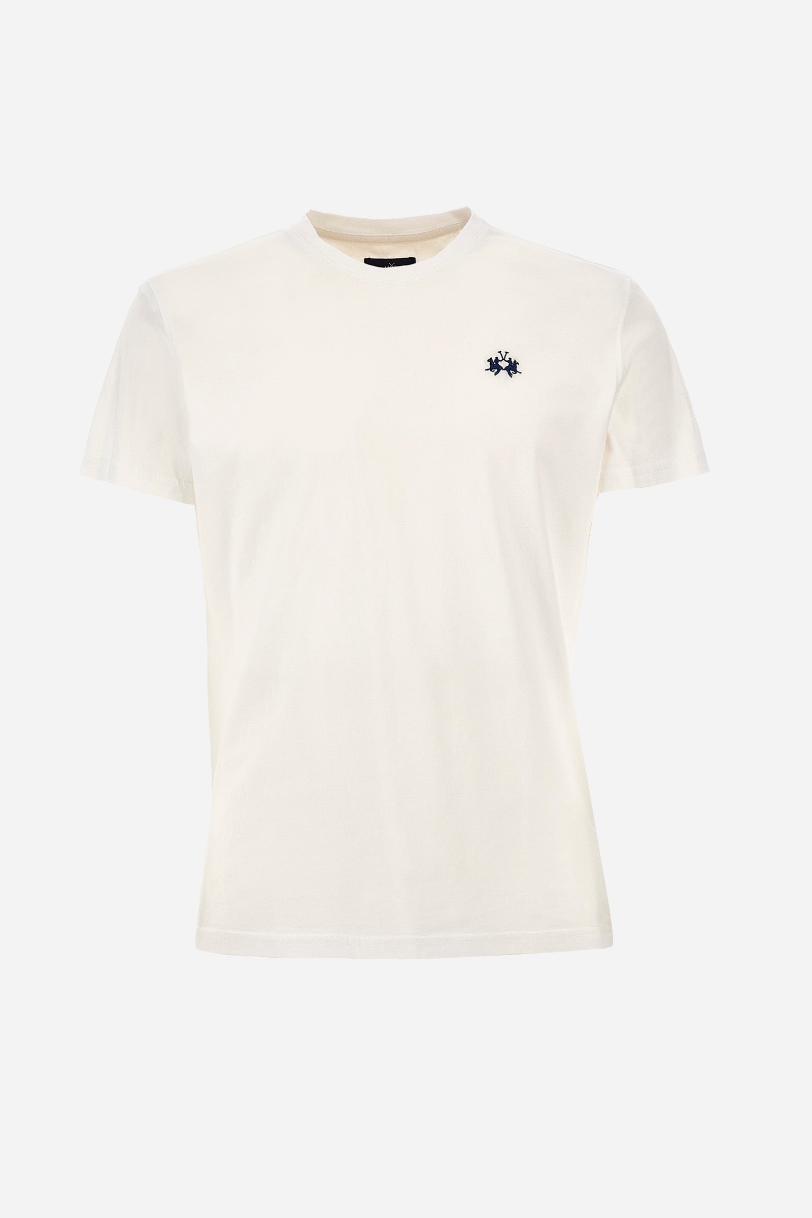 Men's short-sleeved crew-neck T-shirt in solid colour with embroidered logo in contrasting colour on the chest. Made of 100% cotton with a regular fit. It is perfect paired with Bermuda shorts or trousers for a casual and trendy look. Suitable for leisure time. The model is 187 cm tall and wears a size L. - Optic White