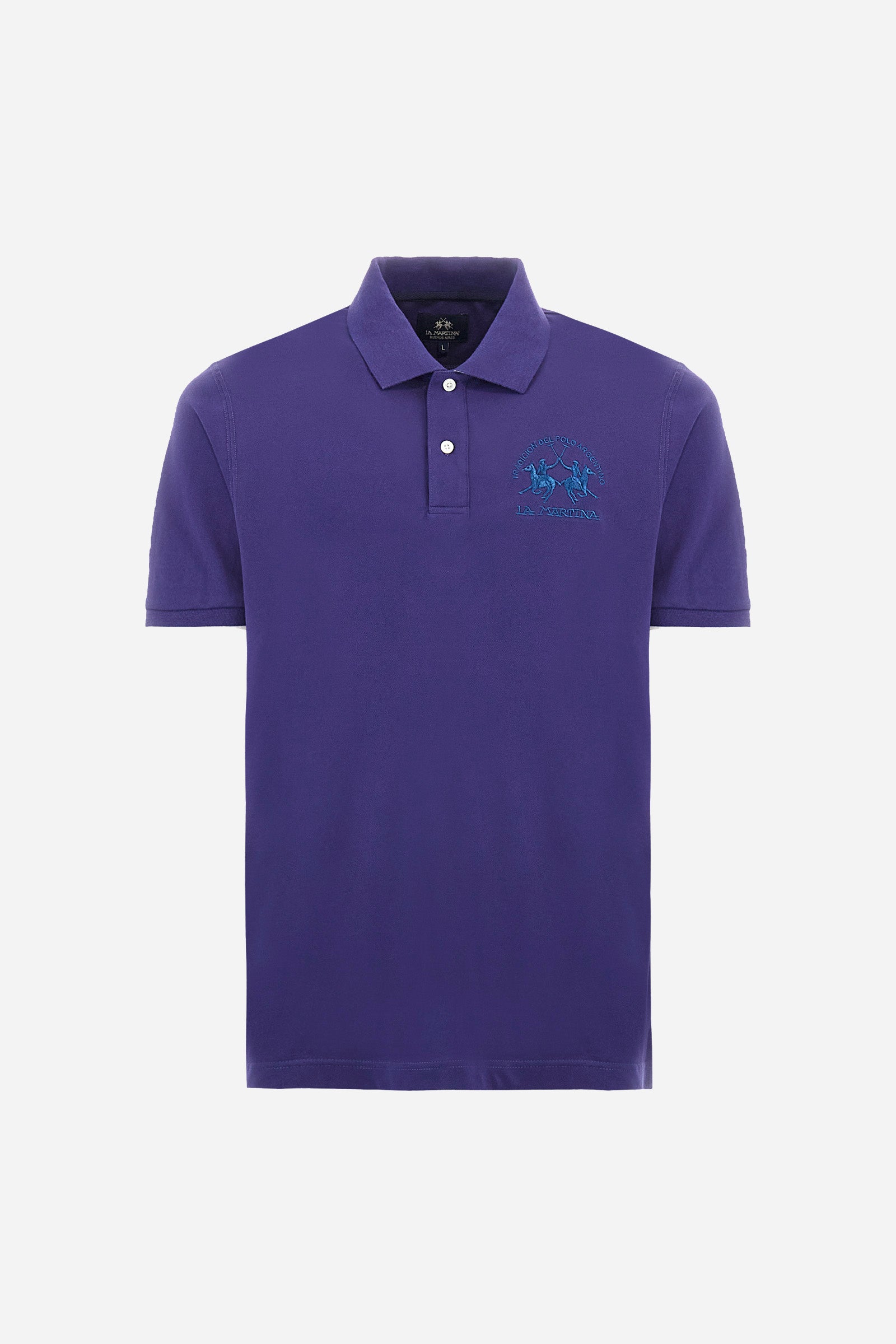 Men's plain short-sleeved polo shirt made from stretch piqué. Featuring a two-button fastening and a ribbon on the inside collar in contrasting coloured grosgrain. The collar and cuffs are in matching rib knit, with the undercollar also in rib knit but in a contrasting colour. The large logo is embroidered on the chest, left side with contrasting coloured thread. The undercollar features a print of the La Martina lettering in a contrasting colour. Regular fit. The model is wearing a size L. - Deep Cobalt