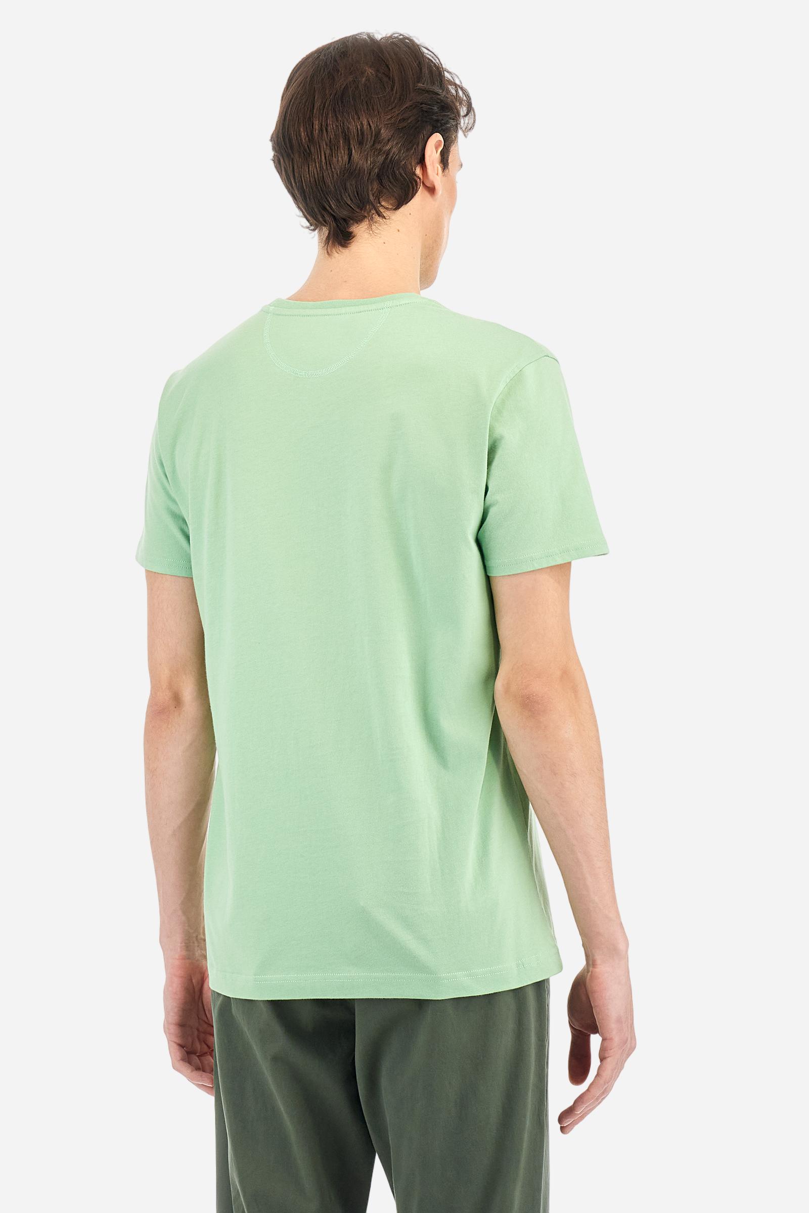 Men's short-sleeved crew-neck T-shirt in solid colour with embroidered logo in contrasting colour on the chest. Made of 100% cotton with a regular fit. It is perfect paired with Bermuda shorts or trousers for a casual and trendy look. Suitable for leisure time. The model is 187 cm tall and wears a size L. - Pastel Green