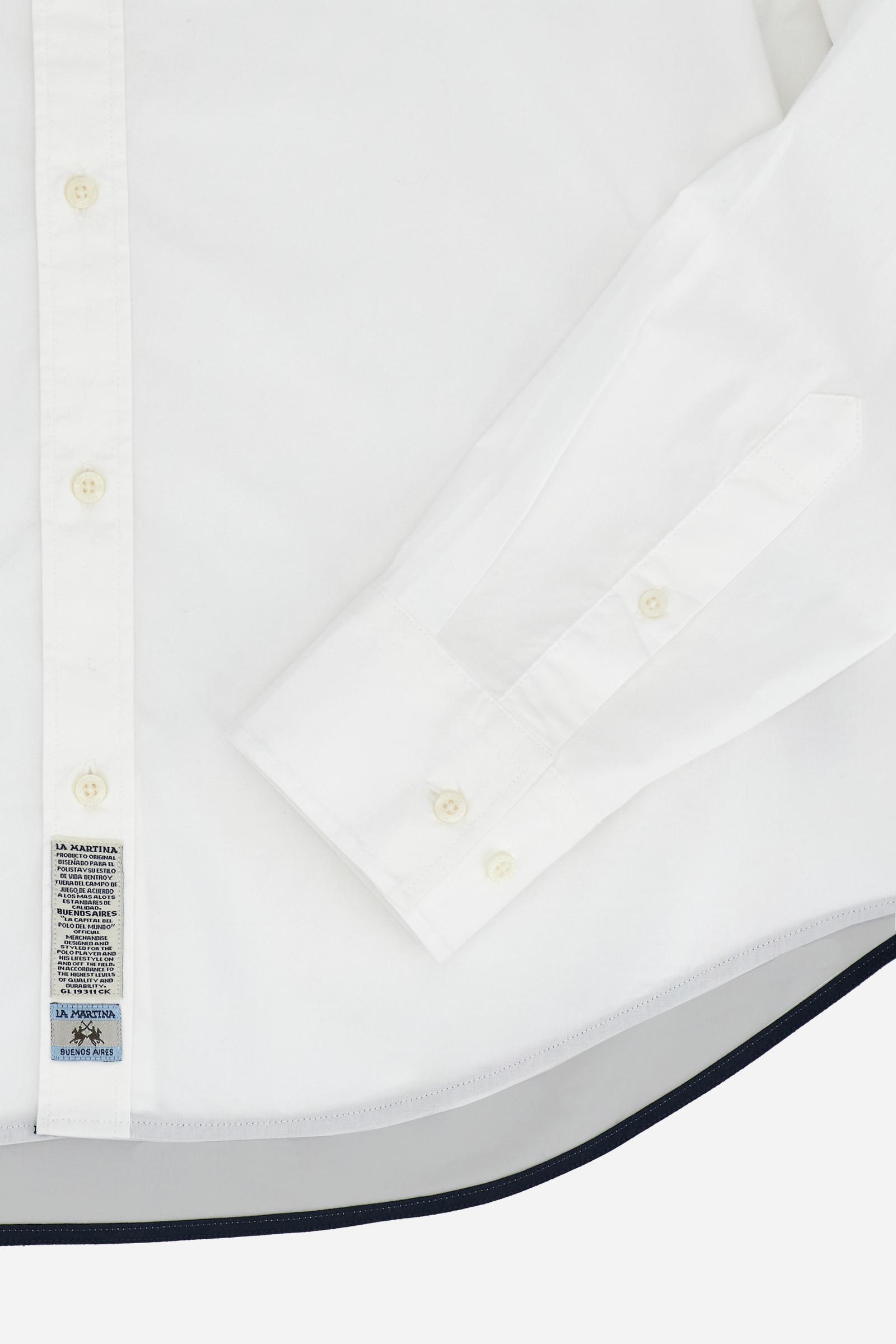 Men’s long-sleeve shirt in stretch cotton poplin with a classic collar, adjustable cuffs, front graphics, and maxi logo on the back for a stylish look. - Optic White