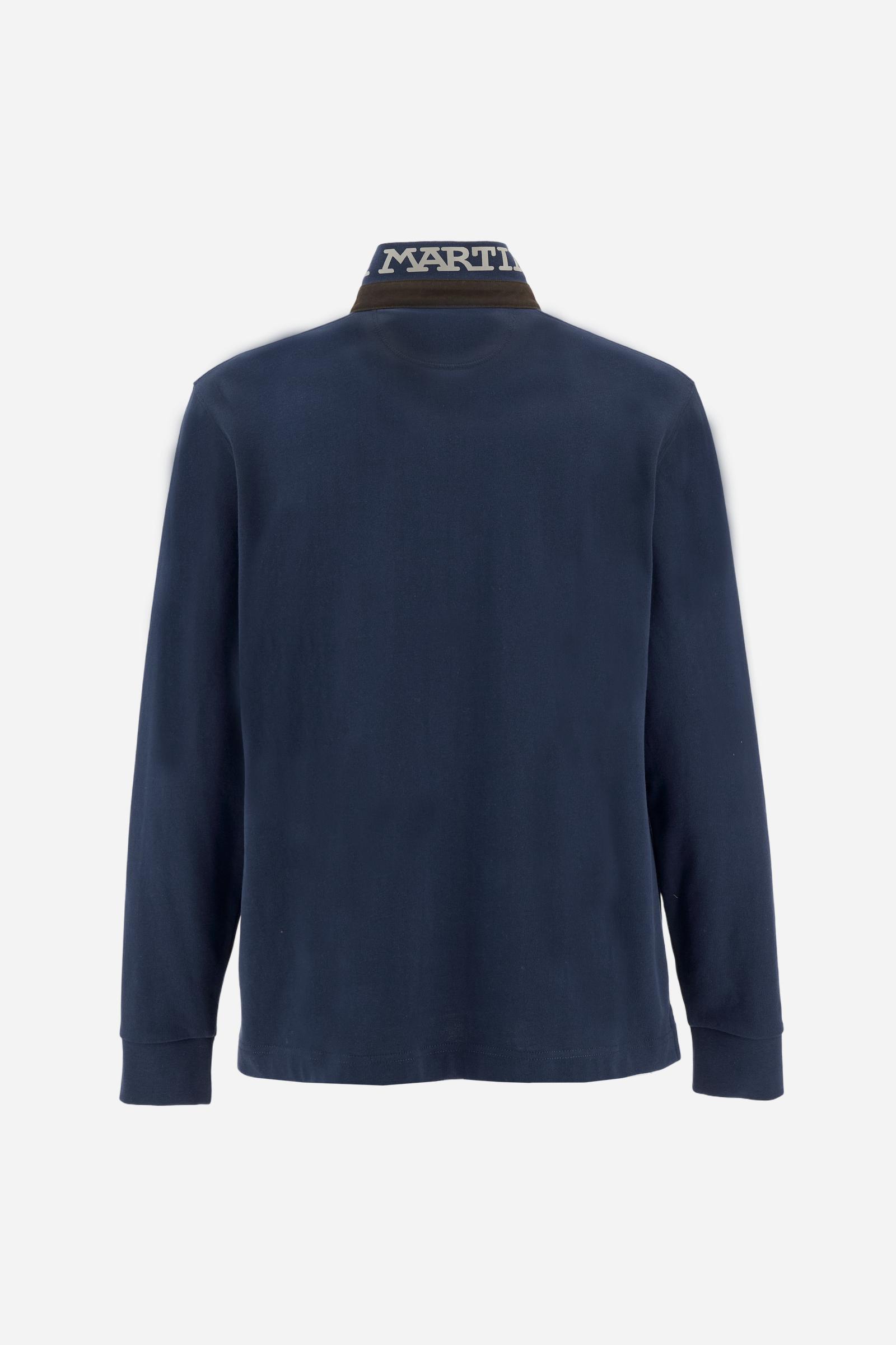 Men’s long-sleeve polo in premium soft-touch cotton jersey for a luxurious feel on the skin. Contrast gabardine details on the collar. Upper collar in tone-on-tone ribbing with printed La Martina lettering undercollar. Three customized buttons, enhanced by a multicolor striped tape on the placket. Contrast embroidered team logo on the chest. Regular fit. Model wears size L. - Navy